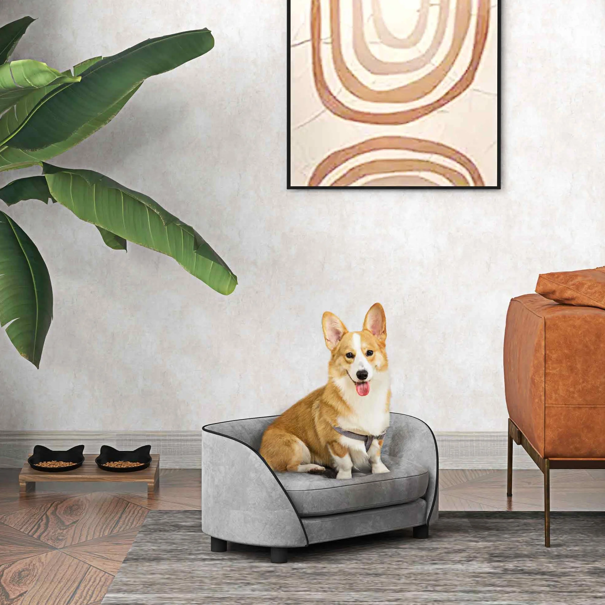 PawHut Sofá para perros, sofá para gatos, cojín mullido, funda extraíble y lavable, funda de terciopelo holandés, para perros pequeños y medianos, gris