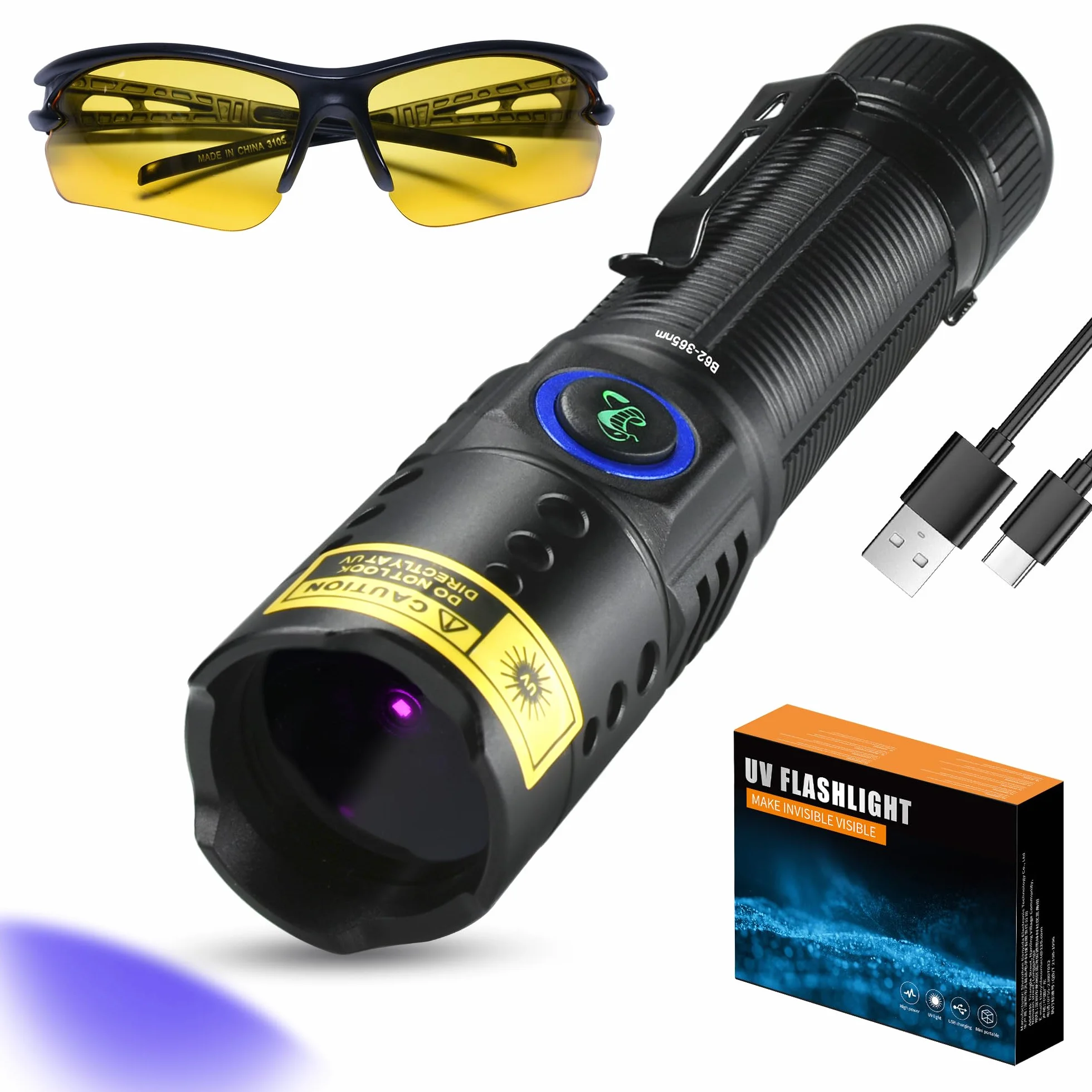 DARKBEAM UV Luz Negra Linterna 395nm - Recargable USB Woods Lámpara, Potente Mini Ultravioleta LED Blacklight Linternas - Curado de Resina, Detector de Mascotas/Gato/Perro Orina, Manchas