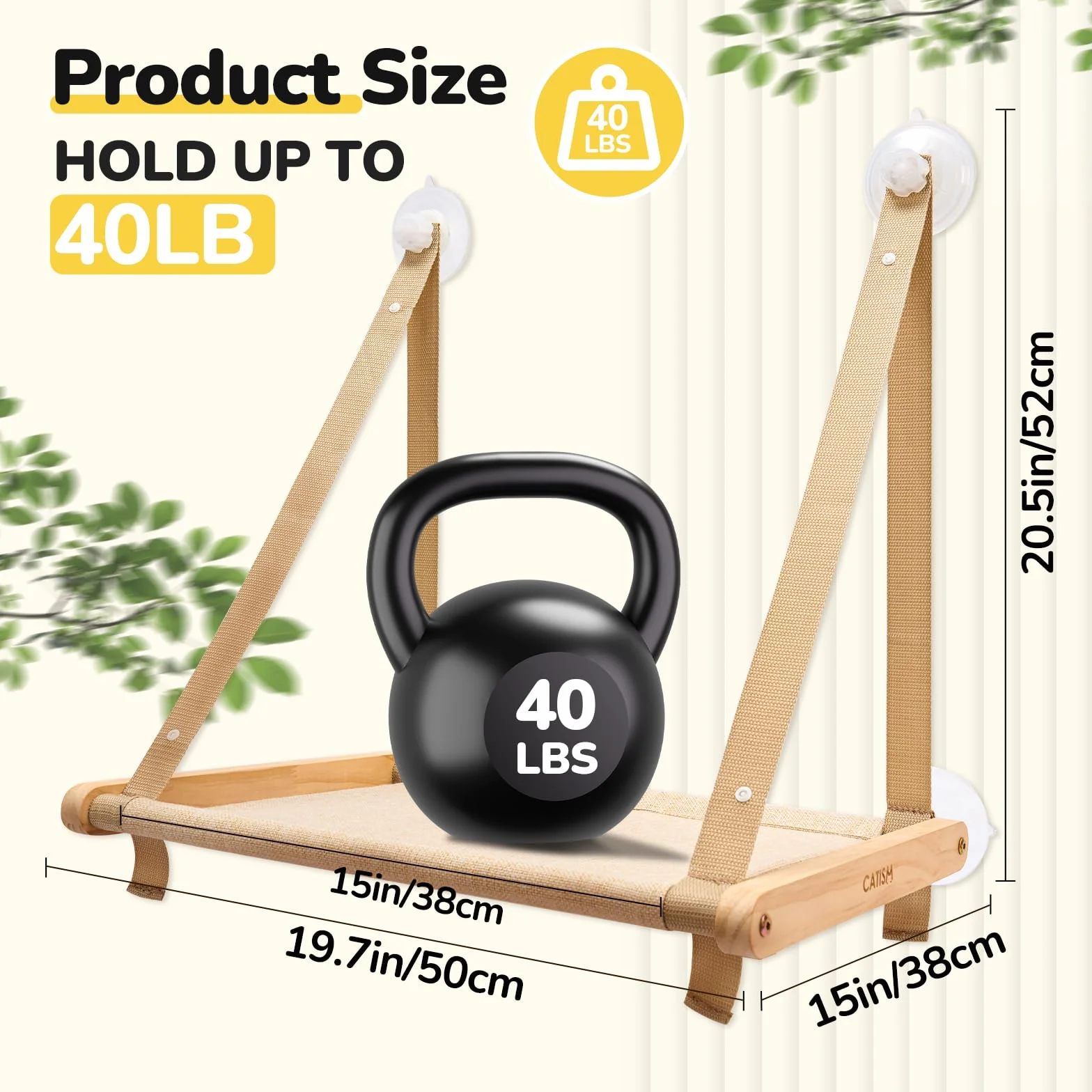 CATISM Plegable Hamaca Gato Ventana de hasta 20kg, Hamaca Reforzada para Gatos con Ventosa Fuerte, Lavable, Tela Transpirable, Soporte para alféizar de Ventana, Saco de Dormir para Gatos (50x38cm)