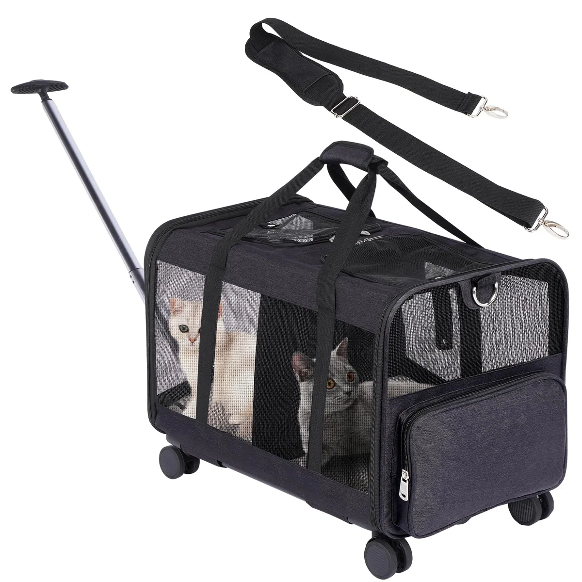 Transportín Doble para 2 Gatos con Ruedas y Carro Desmontable, Bolsa de Transporte de Doble Nivel 2 en 1, hasta 12 kg, Ideal para Gatos y Perros Pequeños, Negro