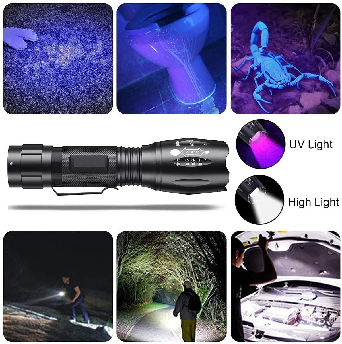 Linterna LED, linterna UV 2 en 1, luz ultravioleta Linternas LED de luz negra con iluminación de 500LM y 4 modos para ropa para mascotas