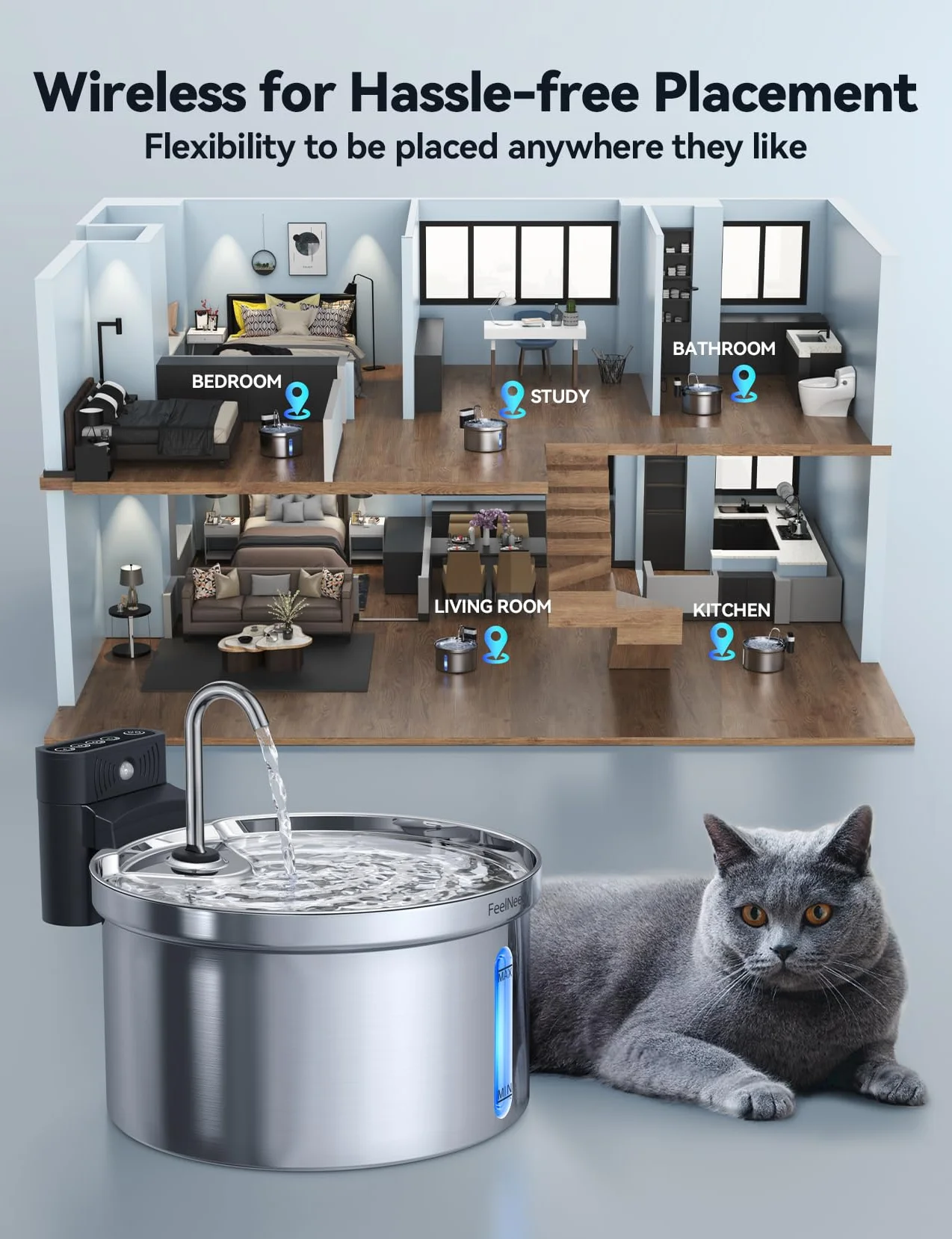 Fuente para Gatos Sin Cable con Sensor [Separación de Agua y Batería] FEELNEEDY Dispensador Automático de Agua en Acero INOX para Mascotas Inalámbrica con Batería 4000mAh, 3.5L, 6 Filtros, INOX