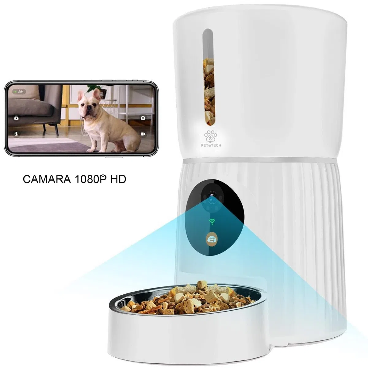 PET&TECH Comedero Automático para Gatos y Perros, 4L, Dispensador de Comida Mascotas, WiFi 2.4G/5G, Cámara HD 1080p, App Smart Life, Audio Bidireccional, hasta 10 Comidas al Día