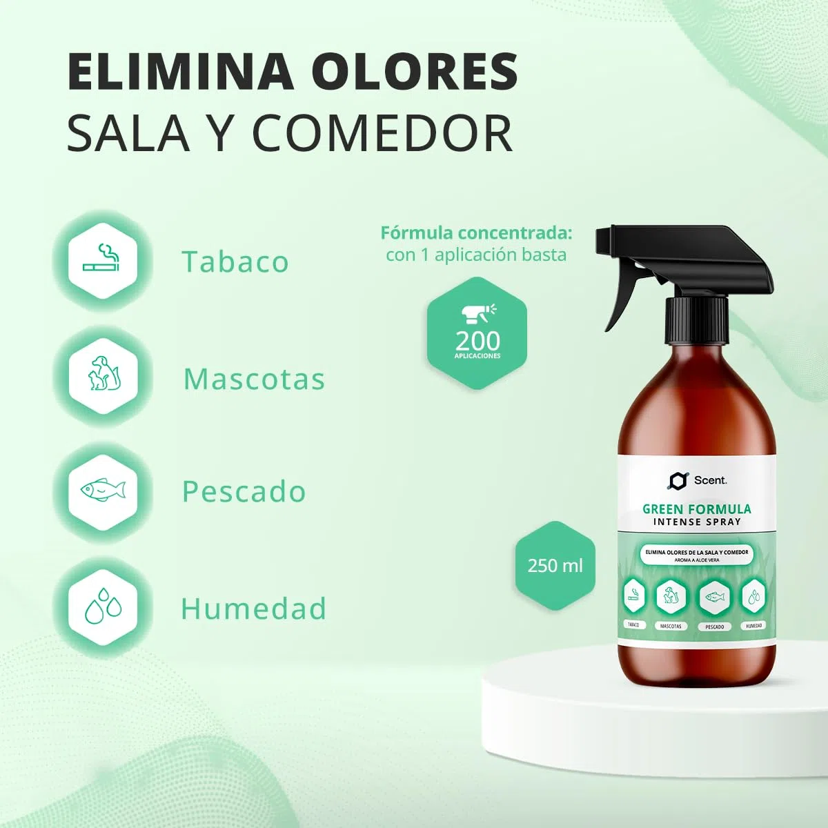 Neutralizador líquido de Olores Multiusos Spray - Fórmula Green - Ideal para eliminar el olor a humedad, mascotas, pescado, comida…, entre otros - Aroma Aloe vera - 250 ml - SCENTECHNOLOGIES