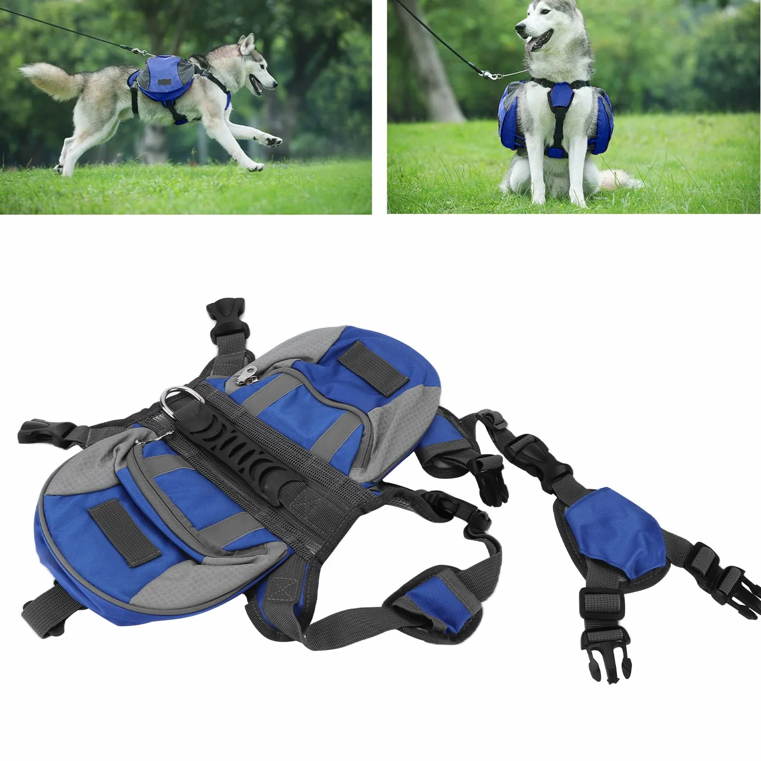 Paquete De Alforjas Para Perros, Mochila De Senderismo Para Perros, Con Tira Reflectante, Alforja Para Perros Para Viajes Y Acampadas, Perros Pequeños, Medianos Y Grandes(S-Azul y gris)