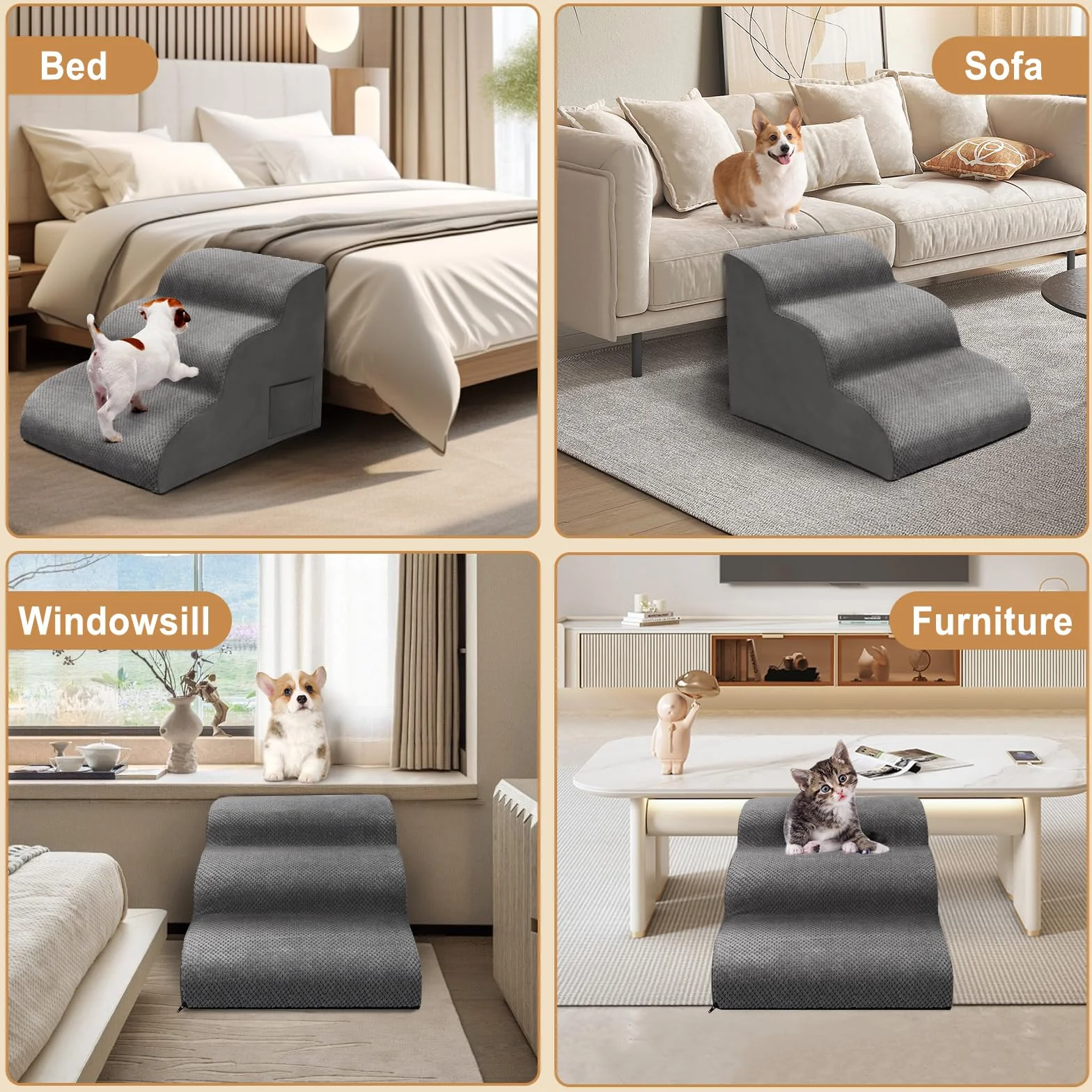 Otauoaea Escalera para Perros, Escaleras para Mascotas de Espuma de 3 peldaños para Cama/sofá, Rampa para Perros Pequeños y Gatos con Funda Lavable y Fondo Antideslizante, Enviar Rodillo de Pelusa