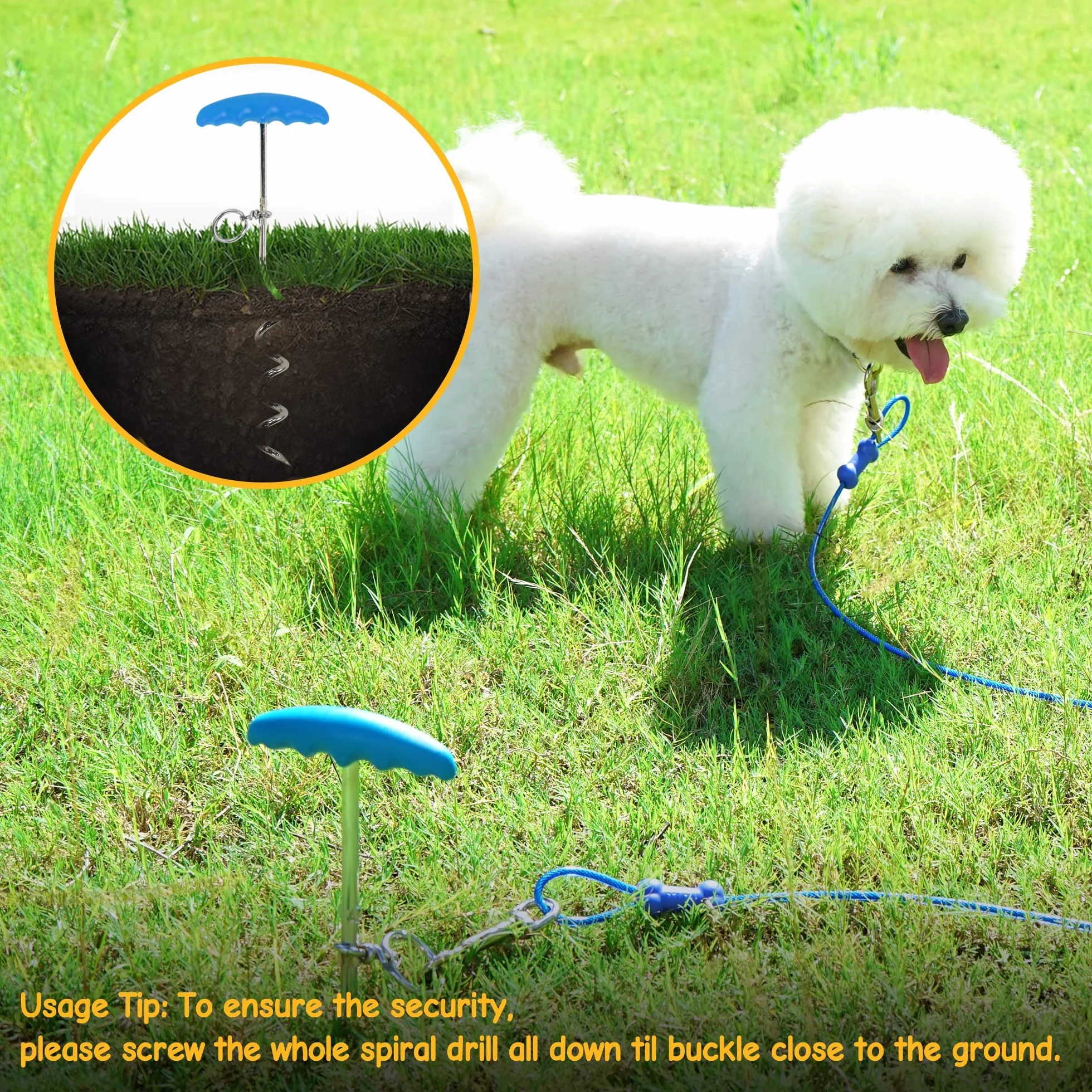 Petphabt - Cable de amarre resistente para perros de 6 m con espiral de perro de 16 pulgadas en estaca de tierra para cachorros y mascotas al aire libre (verde azulado)