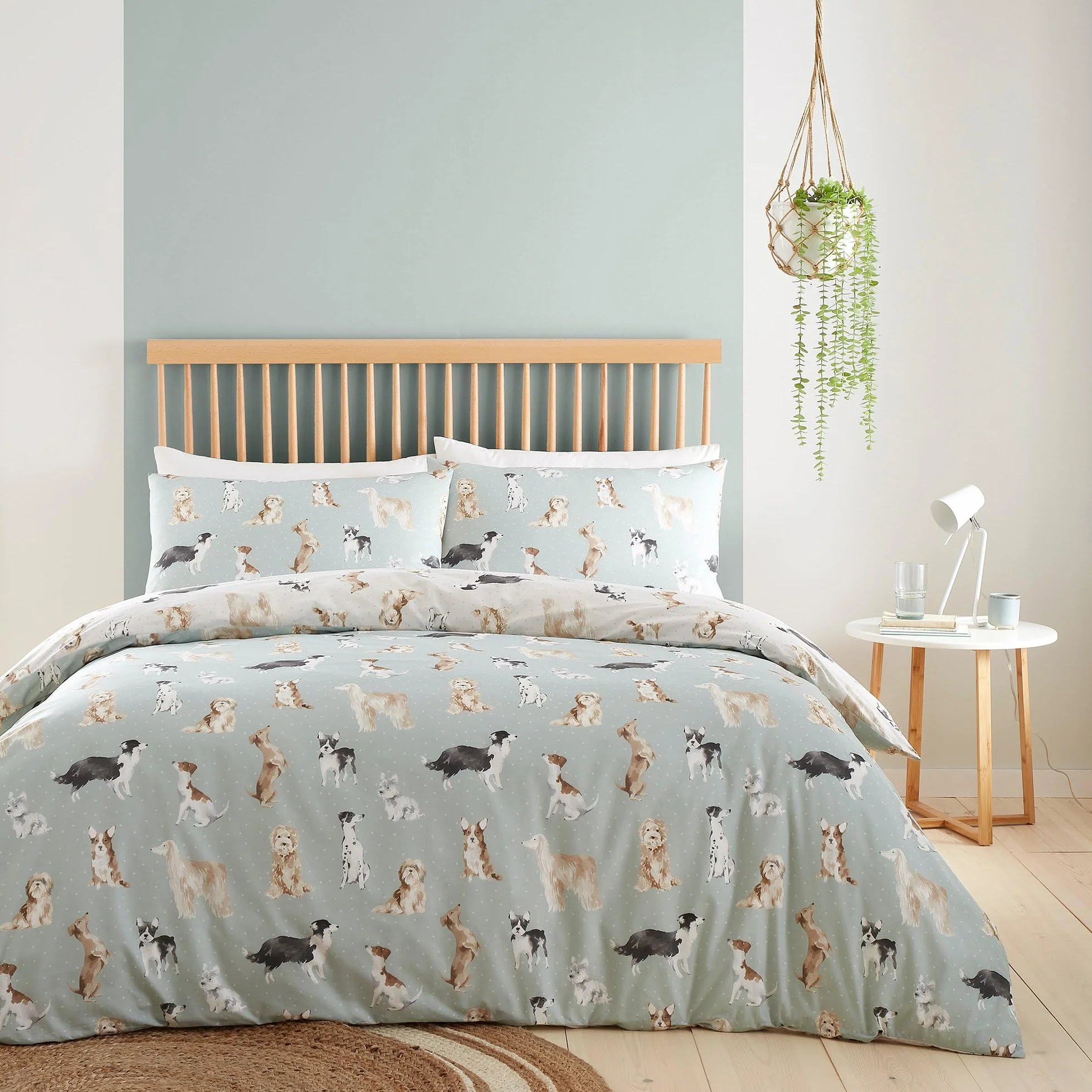 Fusion - Funda de edredón de Perro Azul Huevo de Pato - Tamaño de Cama Doble (200 x 200 cm) - Diseño Reversible (Beige y Azul Huevo de Pato) - Ropa de Cama con Estampado de Huellas de Perro -