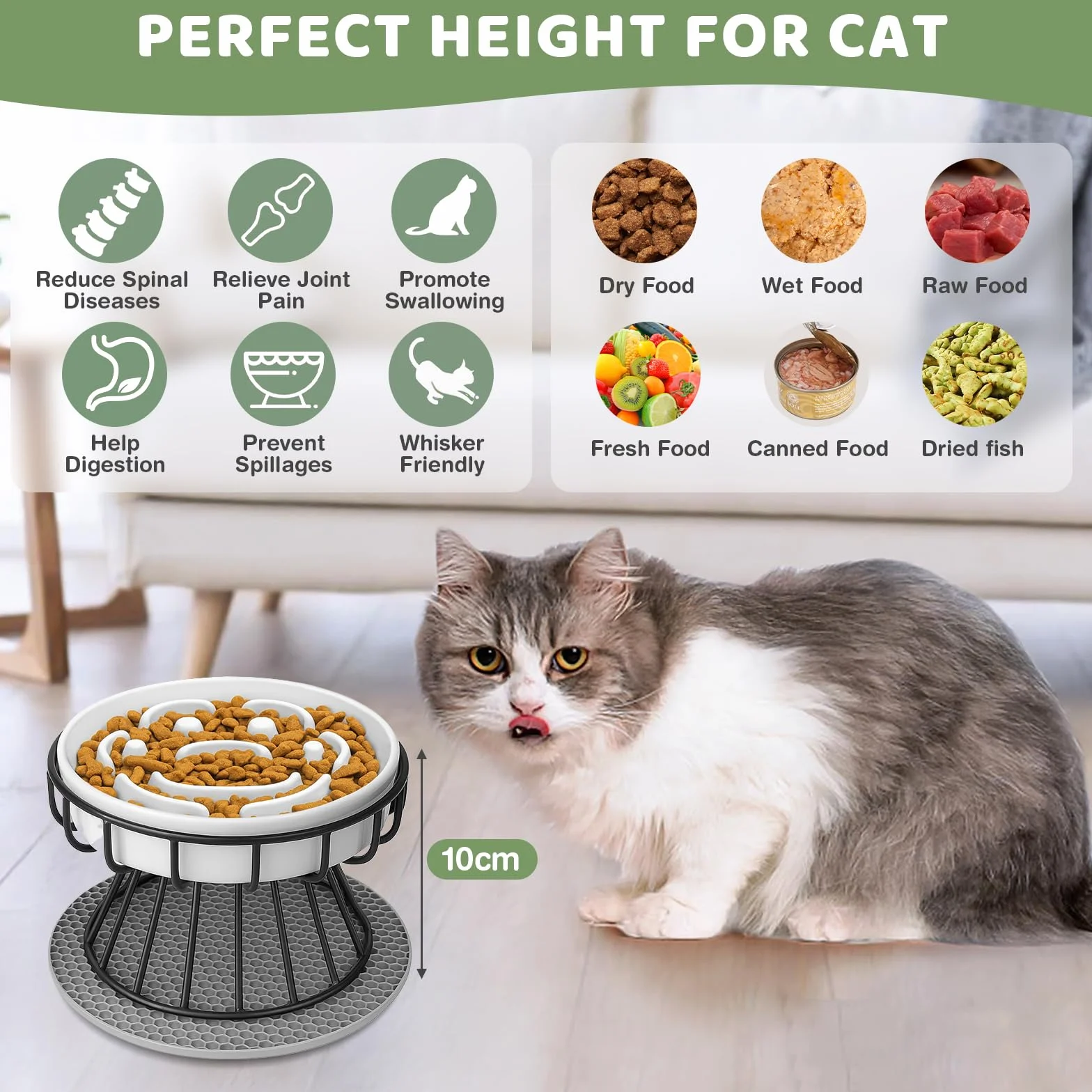 Comedero Gato Elevado Antivoracidad Lenta, Cuenco Alimentación Lenta de Cerámica para Gatos con Soporte y Alfombrilla Antideslizante, Plato Lento Comida Alto Antivómitos para Gatos, Cachorros