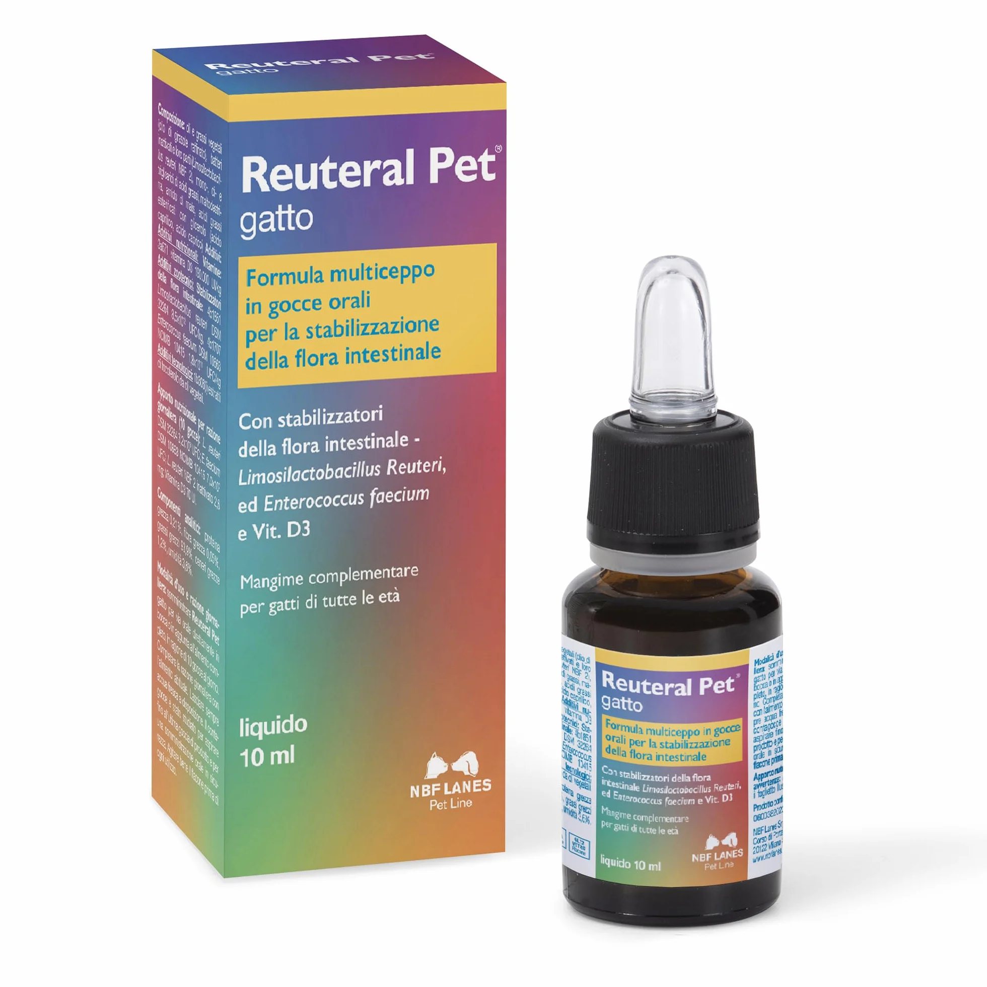 NBF Lanes | Reuteral Pet Gato, Gotas orales, Probiótico a base de fermentos lácticos vivos para estabilizar la Flora intestinal en Gatos