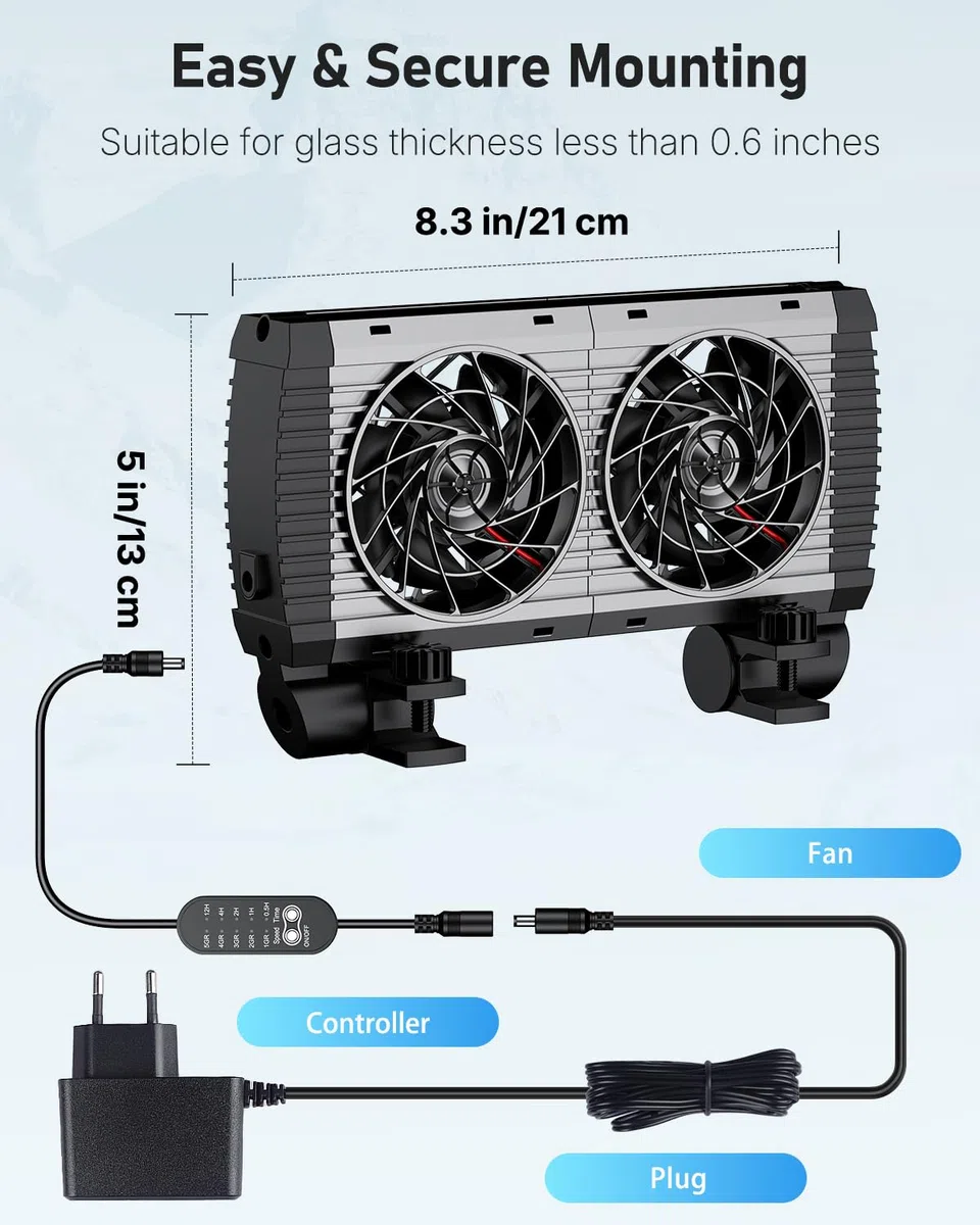 Pawfly Enfriador de Acuarios, Enfriador de Acuarios Silencioso, Ventilador de Acuarios con Velocidad Regulable Y Temporizador, Enfriador de Agua para Terrarios de hasta 60cm (2 Ventilador)