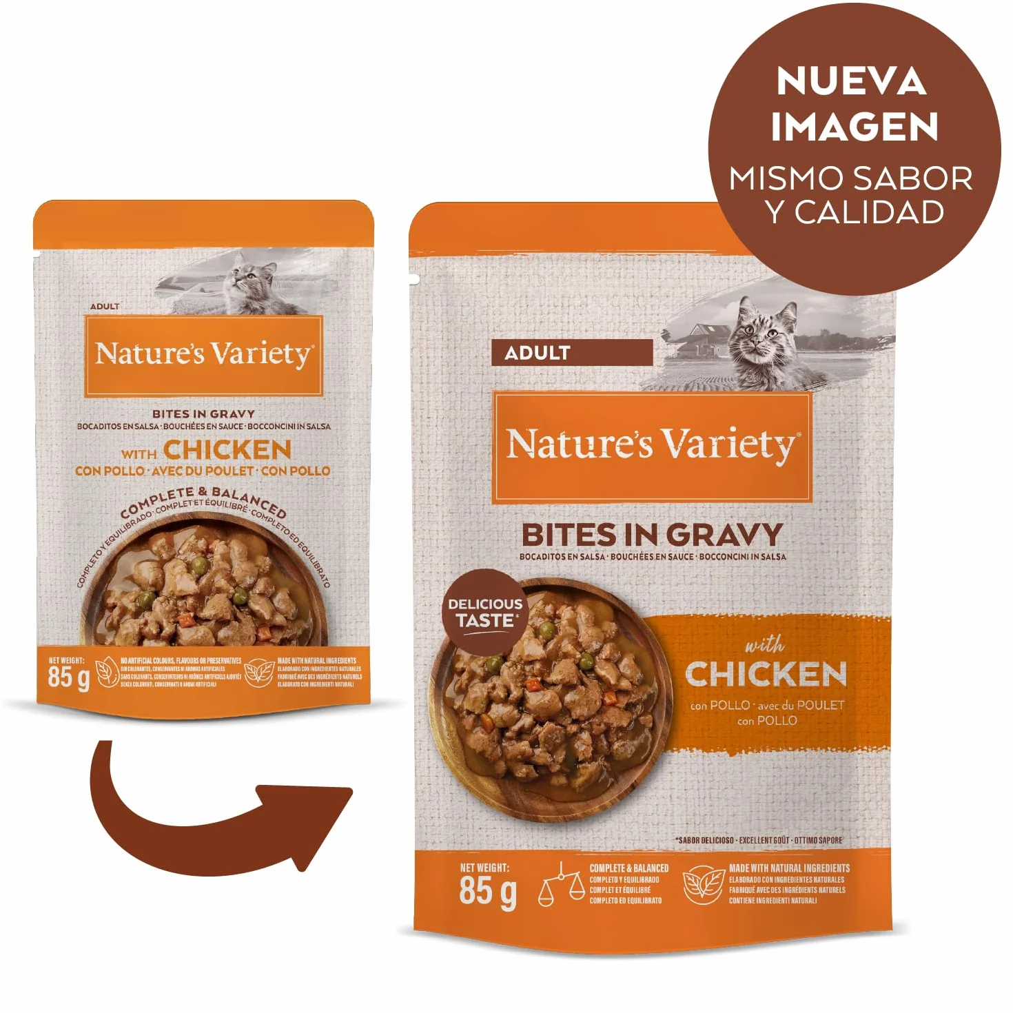 Nature's Variety Bocaditos en salsa, Comida húmeda para gatos con Pollo: 22 bolsitas de 85g