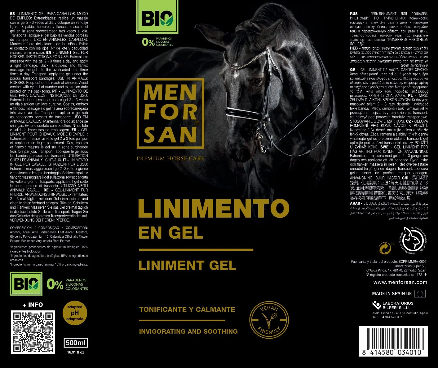 MENFORSAN Linimento en Gel para Caballos, 500ml | Alivia y estimula los músculos | Vegan Friendly, 100% Natural | Premium Horse Care