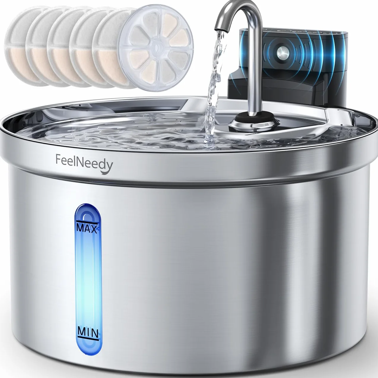 Fuente para Gatos Sin Cable con Sensor [Separación de Agua y Batería] FEELNEEDY Dispensador Automático de Agua en Acero INOX para Mascotas Inalámbrica con Batería 4000mAh, 3.5L, 6 Filtros, INOX