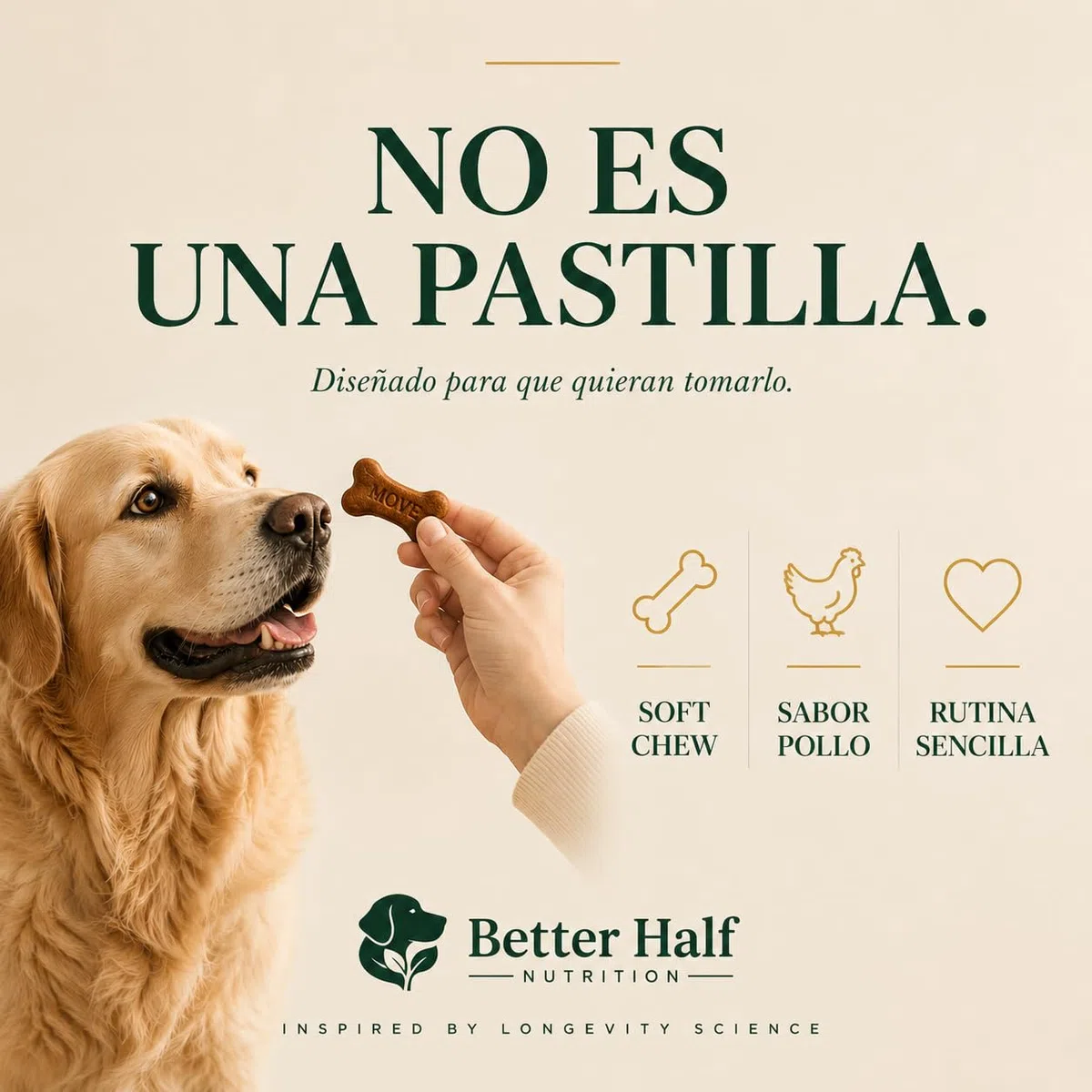Condroprotectores Perros Masticable | Glucosamina, Condroitina, MSM y Colágeno | 120 Snacks Blandos para Articulaciones y Cadera | Move by Better Half Nutrition | Hecho en Europa | GMP+