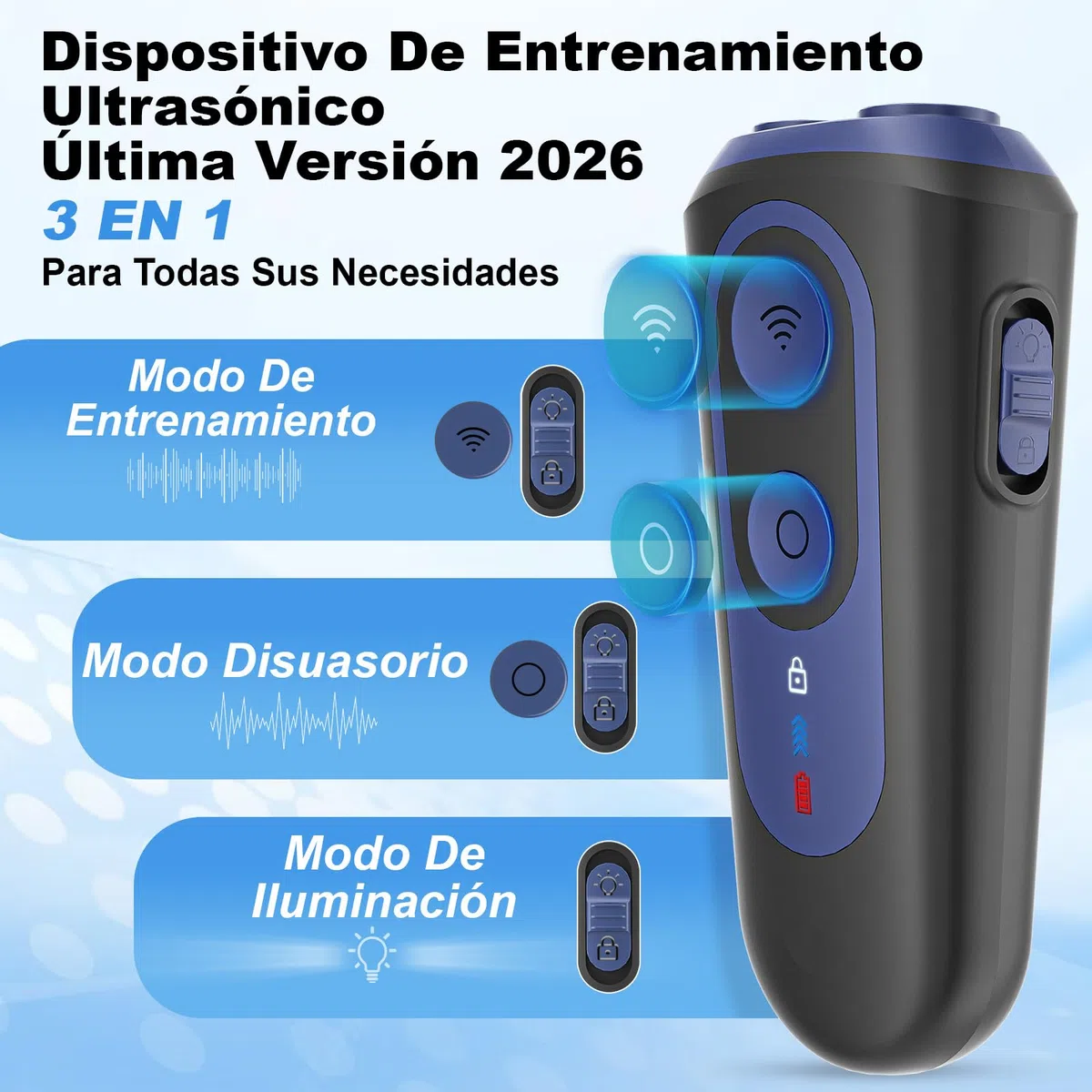 Ahuyentador de Perros, Antiladridos para Perros Ultrasónicos 3 Modos, Dispositivo Seguro y Humano para Detener Ladridos, Alcance 15M, Portátil con Linterna LED, para Perros Pequeños, Medianos y Grande