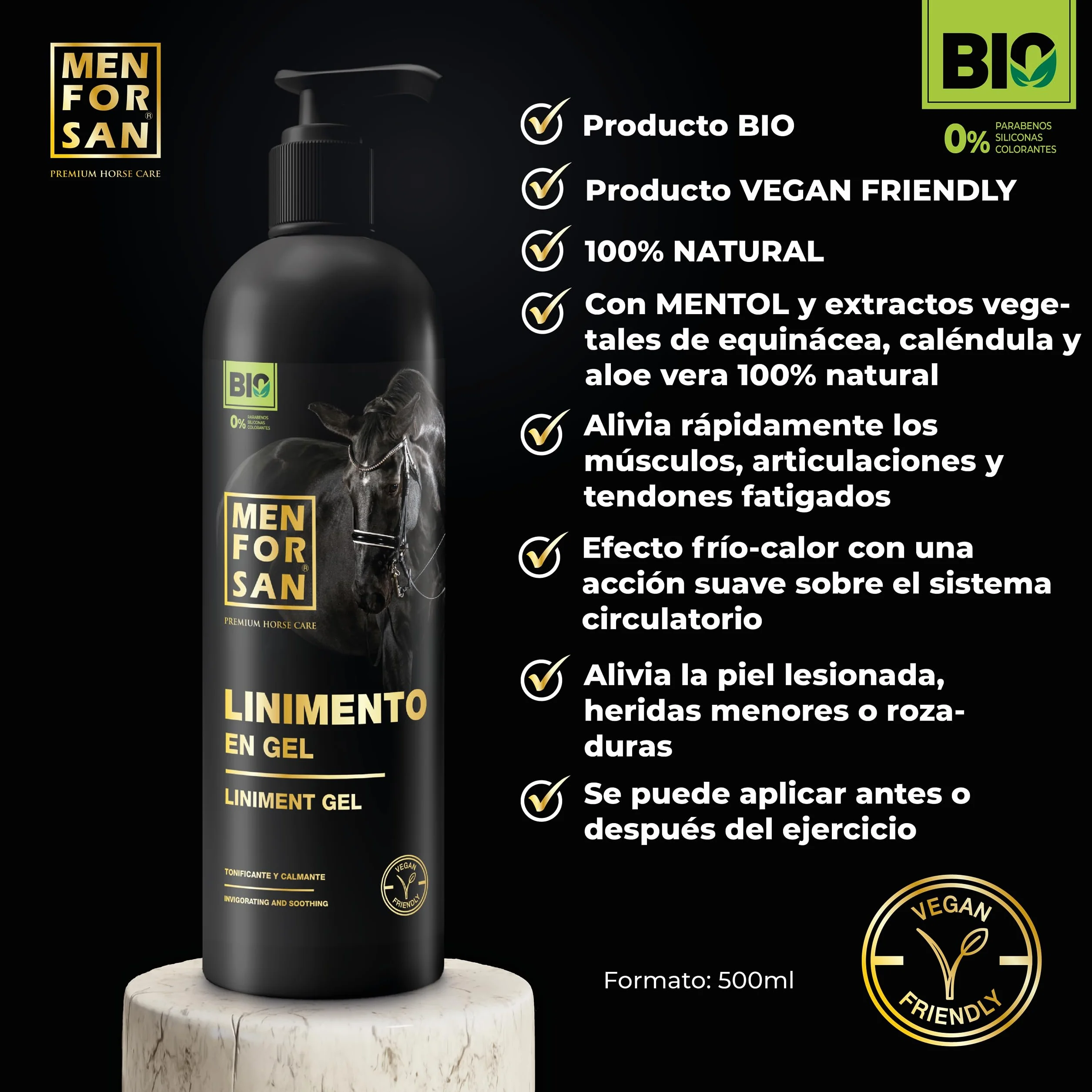 MENFORSAN Linimento en Gel para Caballos, 500ml | Alivia y estimula los músculos | Vegan Friendly, 100% Natural | Premium Horse Care