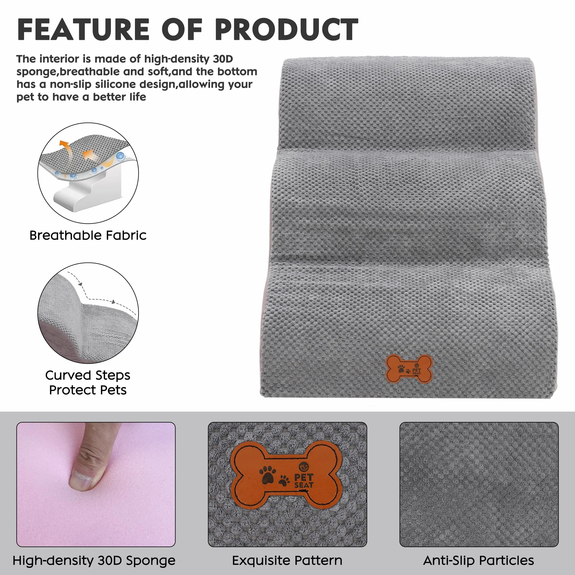 Escalera Perros Pequeños 3 Peldaños, Rampa para Mascotas de Espuma de Alta Densidad, Escalera Antideslizante para Ccachorros, Escalera para Perros para Subir a la Cama Extraíble y Lavable, 57x40x40cm