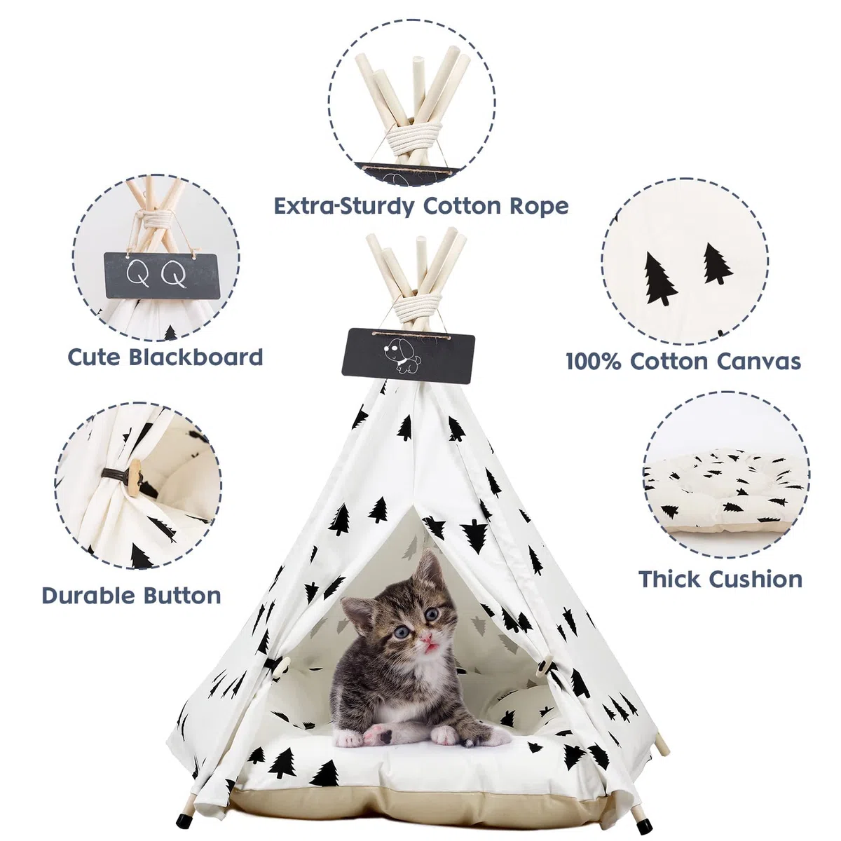 Tienda Tipi para Mascotas, Tipi para Mascotas con Almohada Desmontable y Lavable Plegablee, Caseta para Perros Caseta para Perros con Pizarra, 50X50X60CM