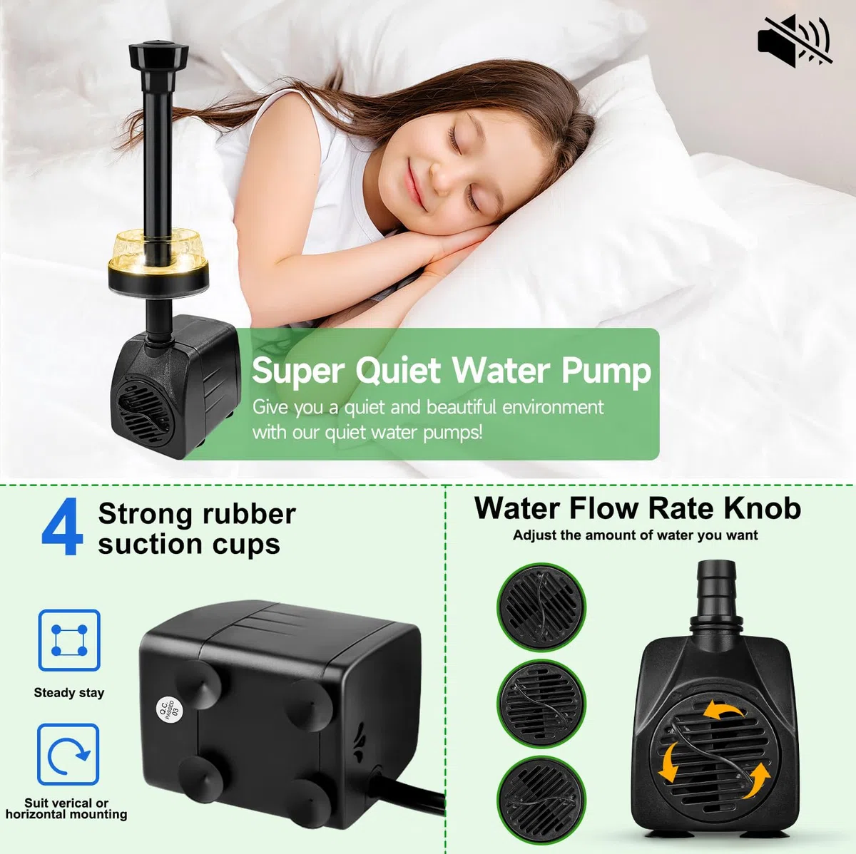 NATPOW Mini Bomba de Agua Sumergible con Luz LED 3000K, 15W 800L/H Bomba de Acuario con 3 Buses Boquillas, Cable 3M, Ultra Silenciosa Bomba para Acuario Fuente Estanque Estatuas