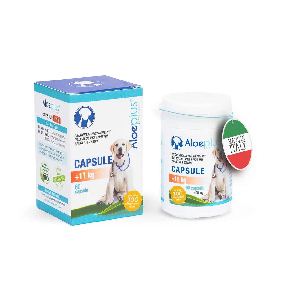 Aloeplus Suplementos cápsula para Perros 11+ kg. - Suplemento Natural a Base de Aloe arborescens - Estimula el Sistema inmunológico - para el Bienestar de los Perros de 11 kg en adelante