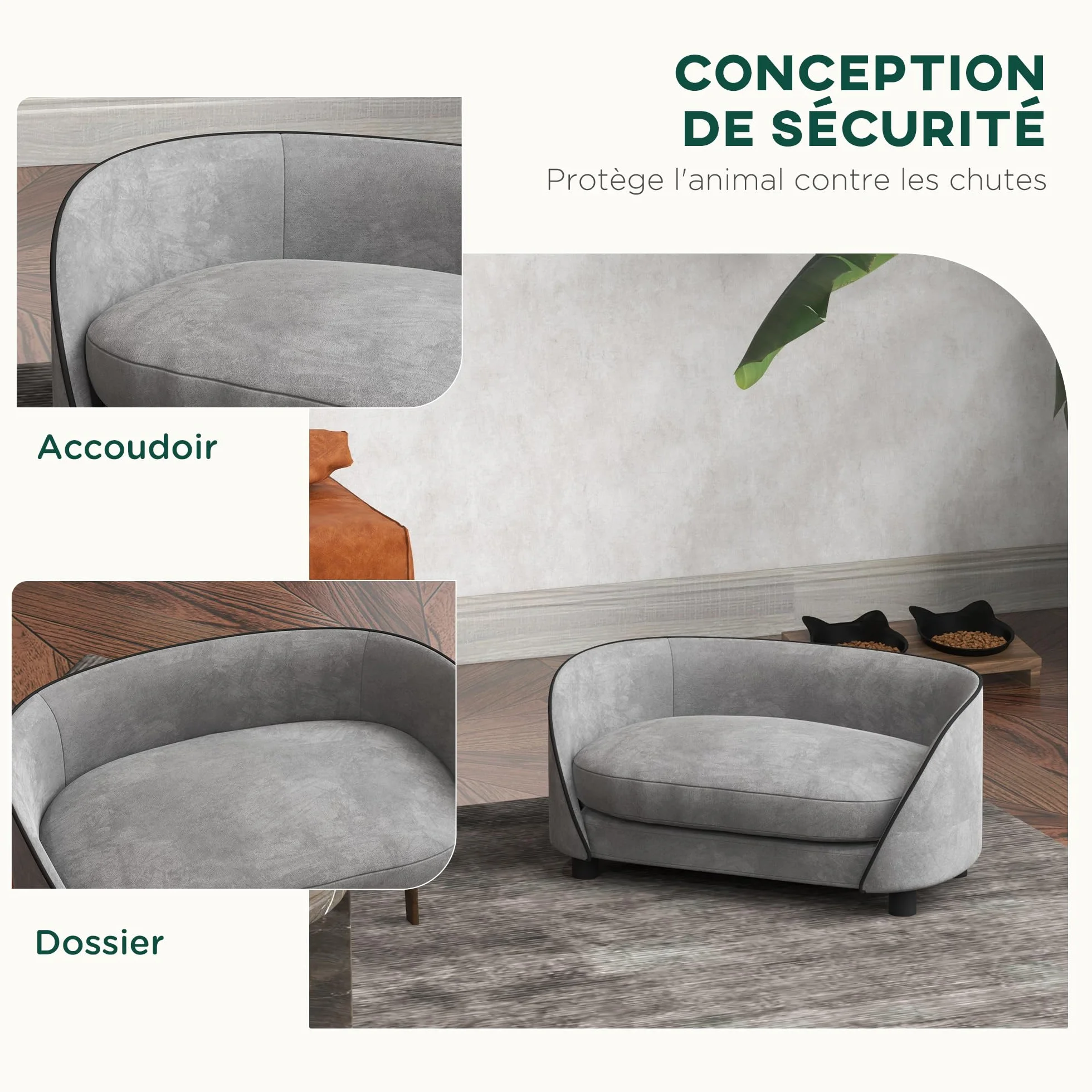 PawHut Sofá para perros, sofá para gatos, cojín mullido, funda extraíble y lavable, funda de terciopelo holandés, para perros pequeños y medianos, gris
