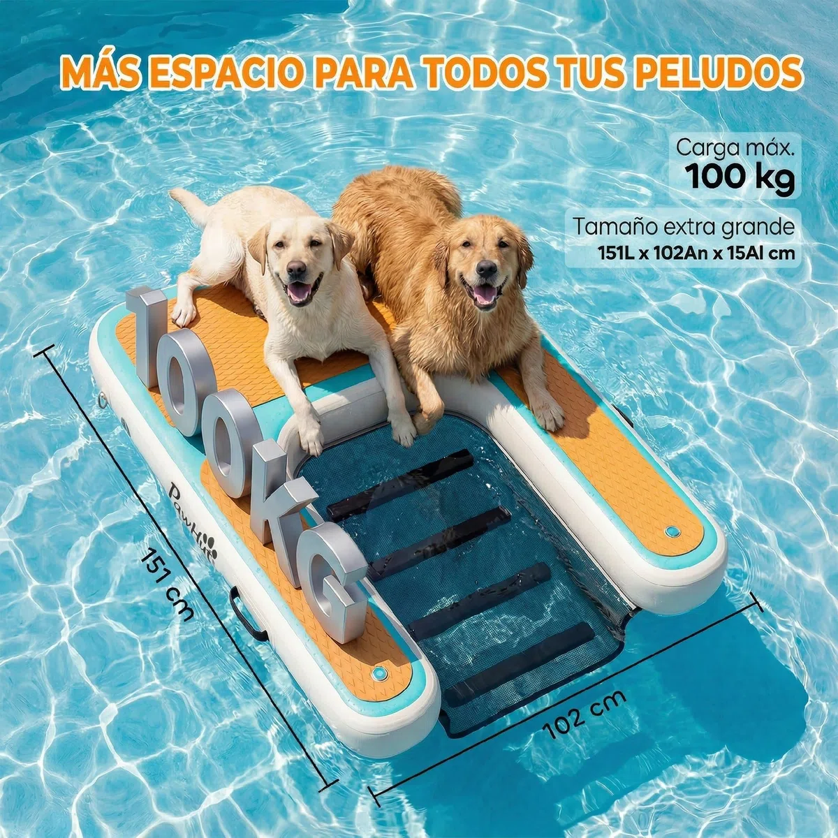 PawHut Rampa de Agua Hinchable para Perros para Piscina, Barcos, Lagos, 151x102 cm, Escalera Flotante para Perros con Superficie Antideslizante de EVA, para Razas Grandes de hasta 100 kg