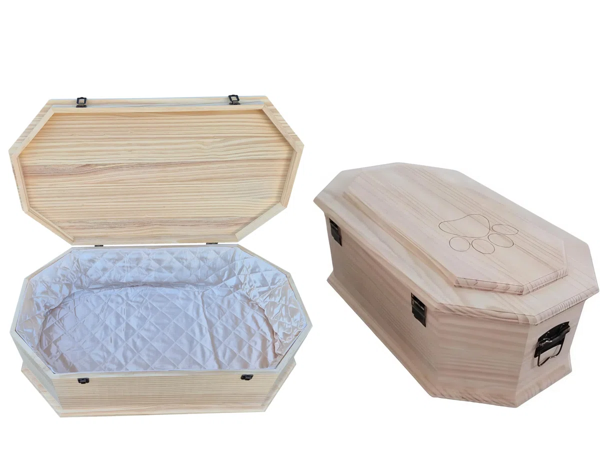 Ataúd de Madera para Mascotas, diseño Octogonal, Acabado Natural – tamaño L para Mascotas pequeñas – ataúd con Revestimiento Interior de satén y Cierre metálico Seguro