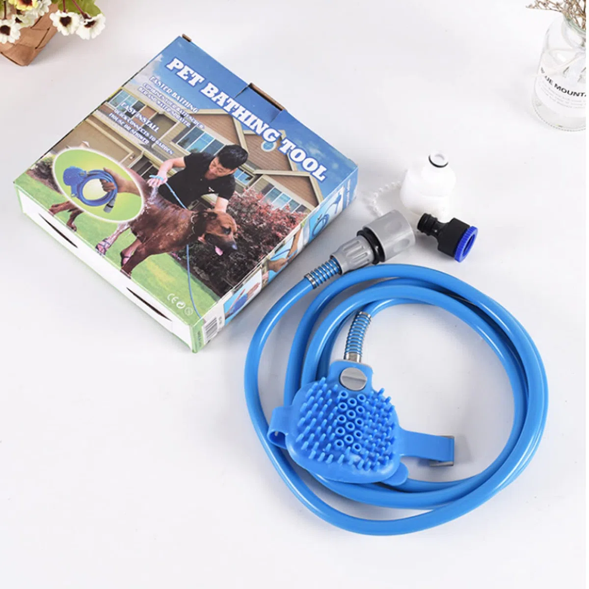 2 en 1 Kit ducha para perros gatos, Alcachofa de ducha para mascotas, Herramienta de baño para mascotas con cepillo, manguera de PVC de 2m y 2 adaptadores de manguera para perros y gatos