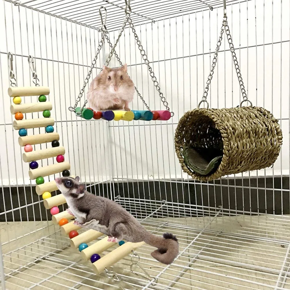 Hámster Juguete, 3 Piezas Hamster Accesorios Madera Natural, Escalera Columpio Hamaca Colgante para Columpiar Masticar Trepar y Dormir para Mascotas Pequeñas Hámster Rata Jerbos Cobayas Loro