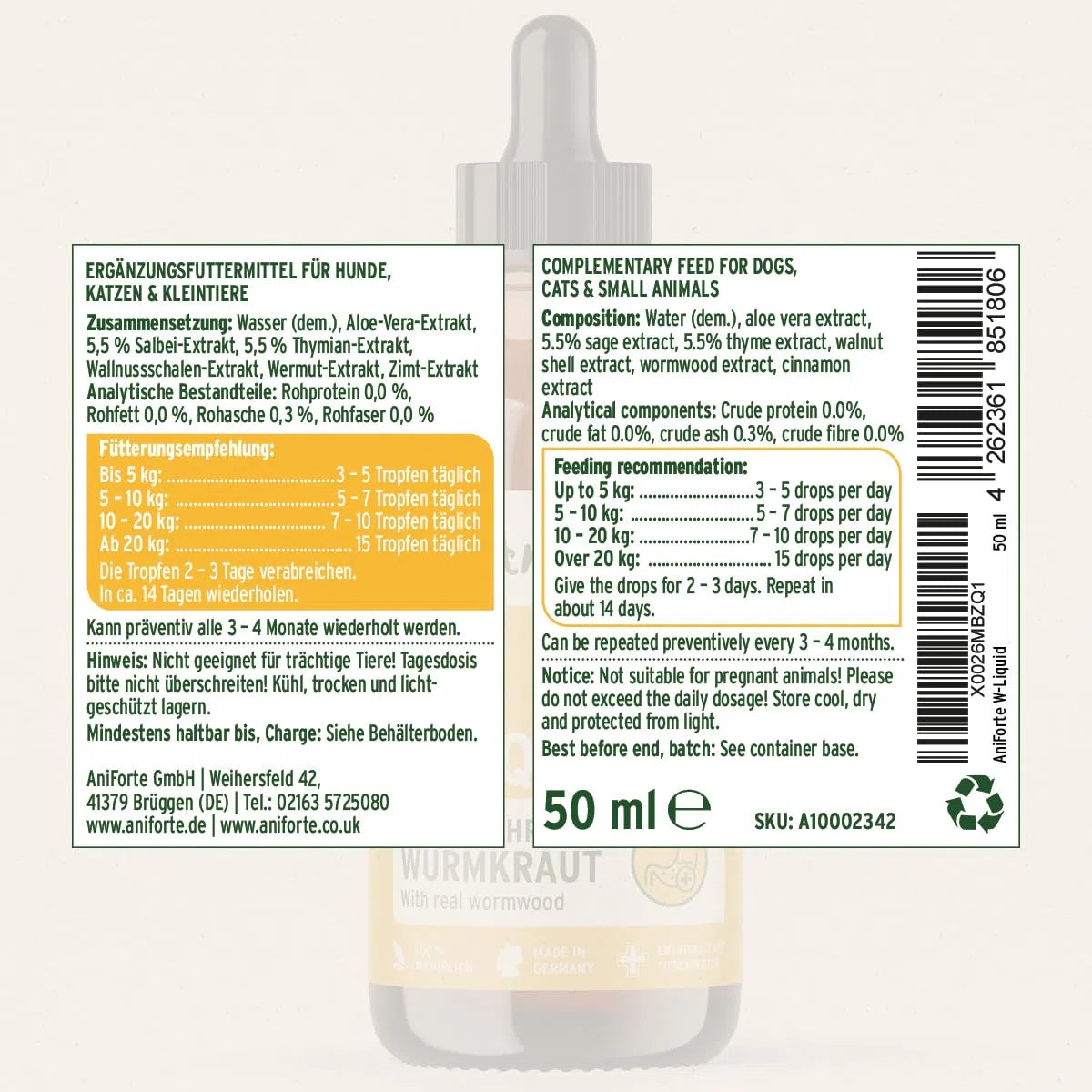 AniForte Wurm Kraut W-Liquid Gotas líquidas - alternativa natural para perros, gatos, mascotas, apoya y armoniza el estómago después de las infestaciones de gusanos, fabricado en Alemania, 50 ml