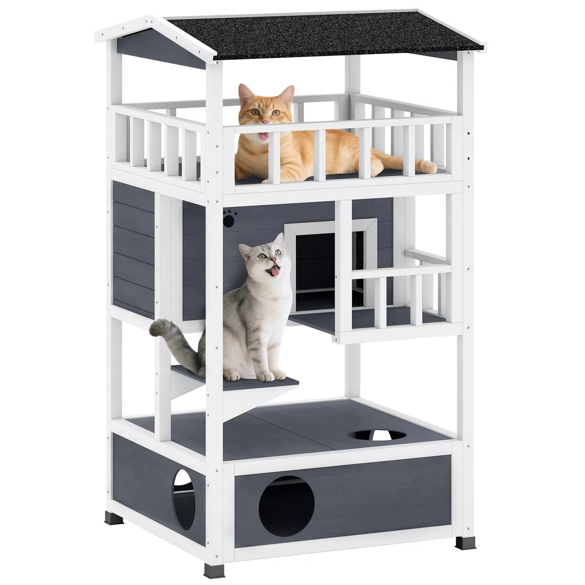 Pawhut Casa para gatos de madera de abeto con gran espacio de 4 niveles y espacio extraíble para arena, 78 x 76 x 140 cm, gris y blanco