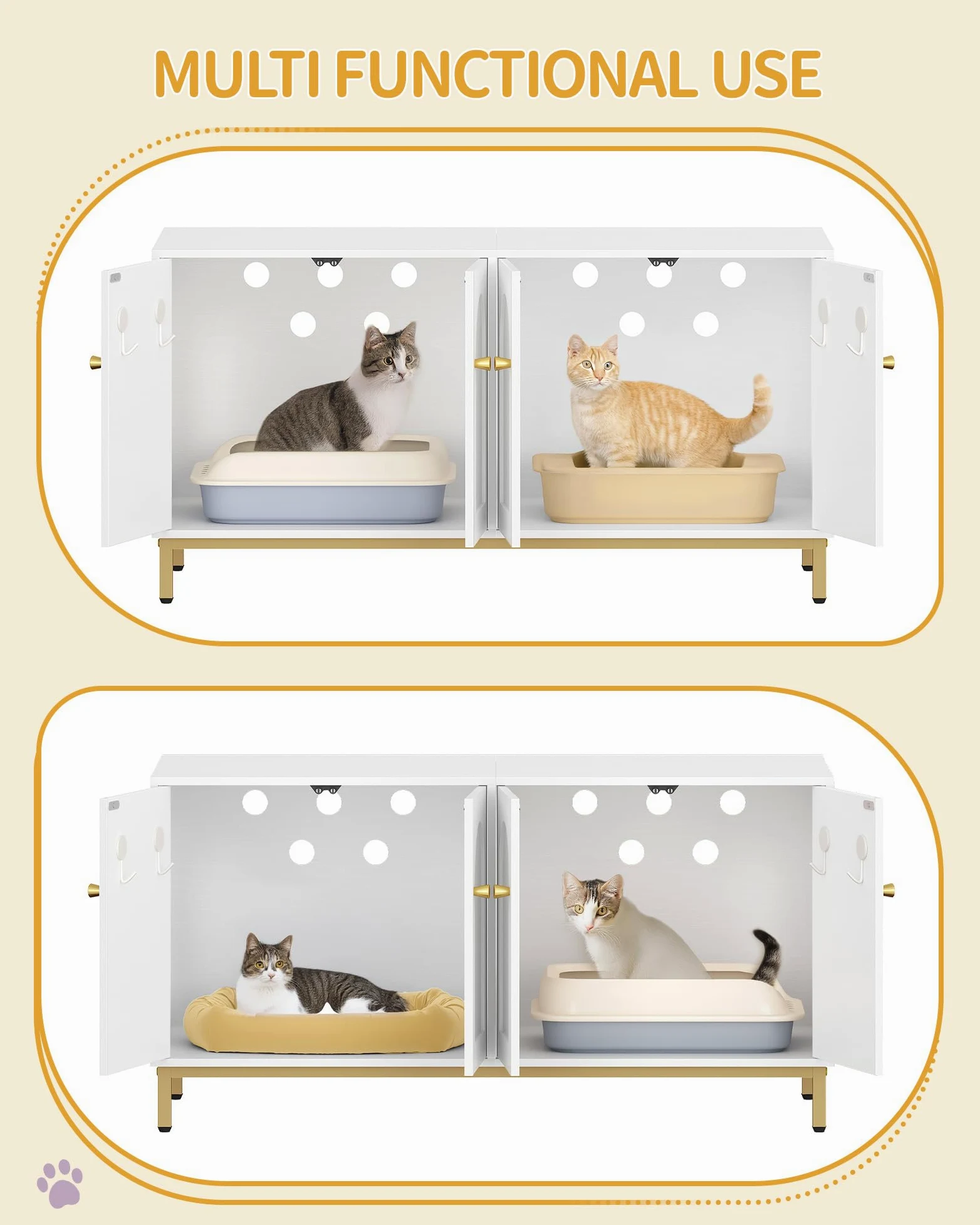 Hzuaneri Caja de Arena para 2 Gatos, 119cm Mueble para Caja de Arena Oculta, Casa de Madera para Mascotas, Mueble de Almacenaje, Se Adapta a la Mayoría de Arenero Gato, Blanco-Oro CB82313A