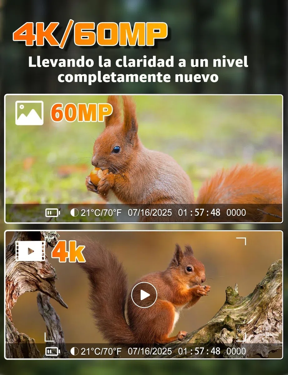 Cámara de Caza 4K 30fps, 60MP Camara Fototrampeo Nocturna 940nm Invisibles IR Leds, Diseño de Temporizadorn, IP66 Impermeable para Monitoreo de Vida Silvestre y Vigilancia del Hogar