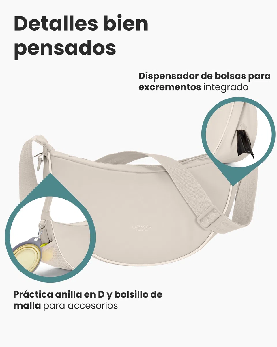 LARKSON Half Moon Bag para Perros Beige - Fiete - Bolso Bandolera para Pasear al Perro Reflectante - Bolsa para Golosinas con Dispensador de Bolsas para Excrementos - Repelente al Agua