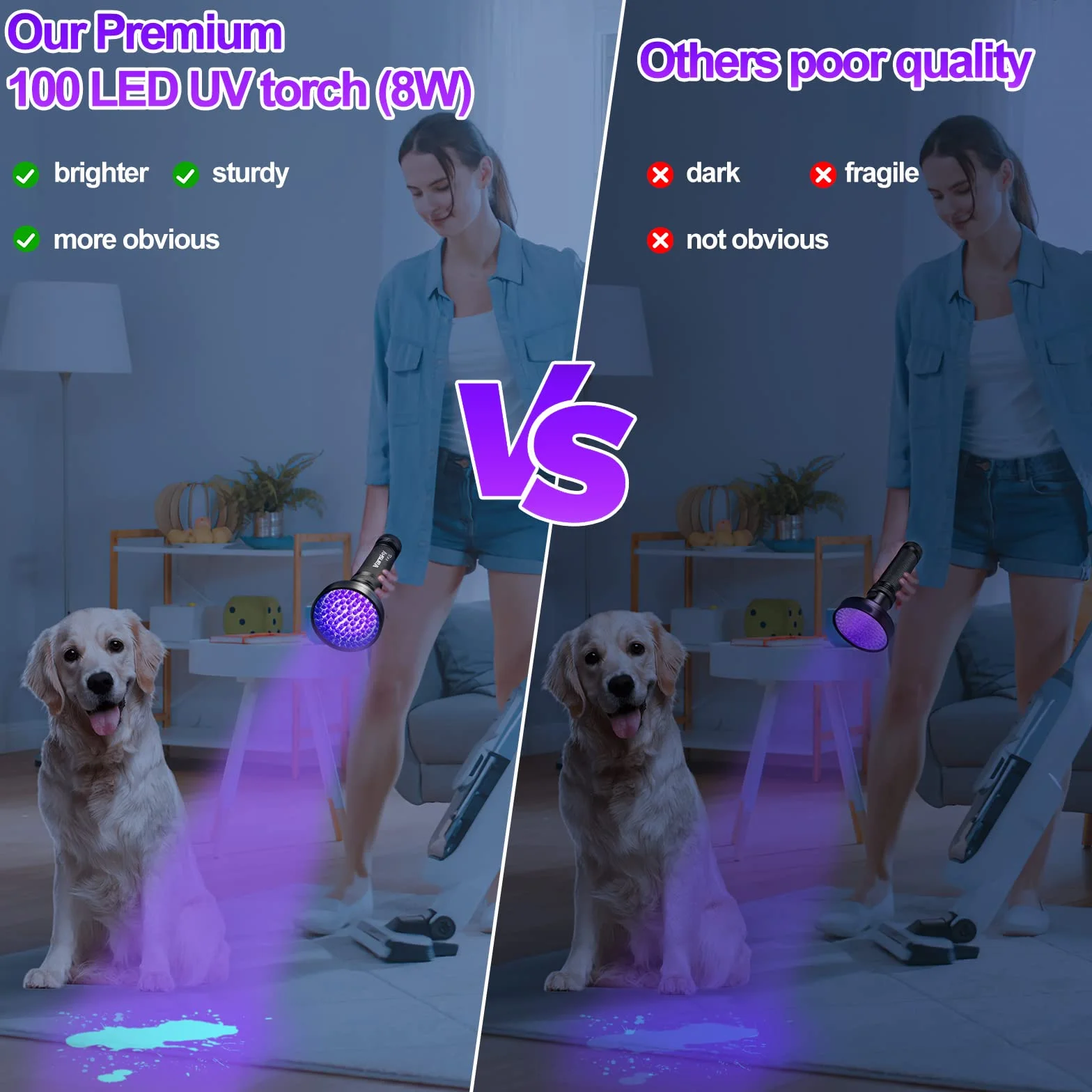 Vansky Lámpara UV de luz negra, linterna de 395 nm: luz UV con 100 LED UV para mascotas, detector de orina, lámpara de luz negra para manchas secas de sus perros, gatos y roedores en alfombras