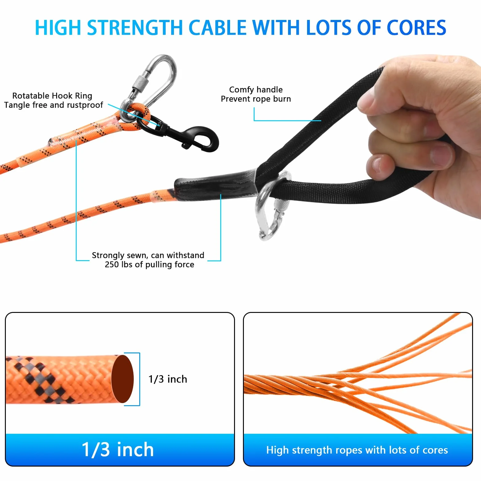 3 en 1 Cable de Amarre para Perros, 15m 30m Sistema portátil de la Carretilla de Arriba, Correa Reflectante para Perros para el Patio Parques Entrenamiento Correr, Bolsa de Hombro