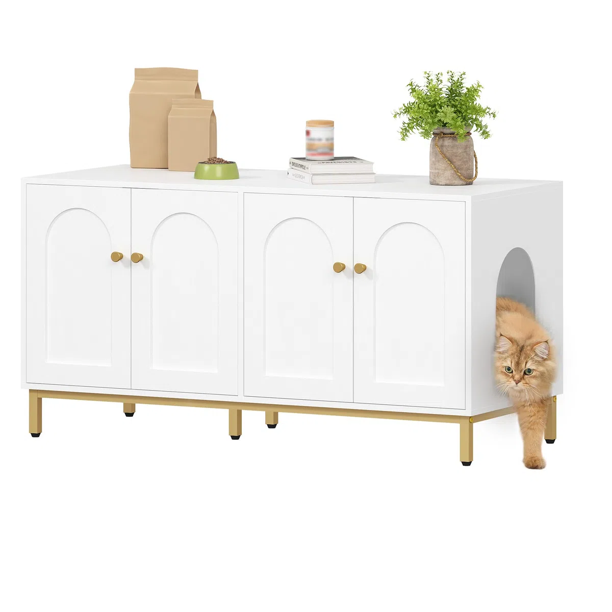 Hzuaneri Caja de Arena para 2 Gatos, 119cm Mueble para Caja de Arena Oculta, Casa de Madera para Mascotas, Mueble de Almacenaje, Se Adapta a la Mayoría de Arenero Gato, Blanco-Oro CB82313A
