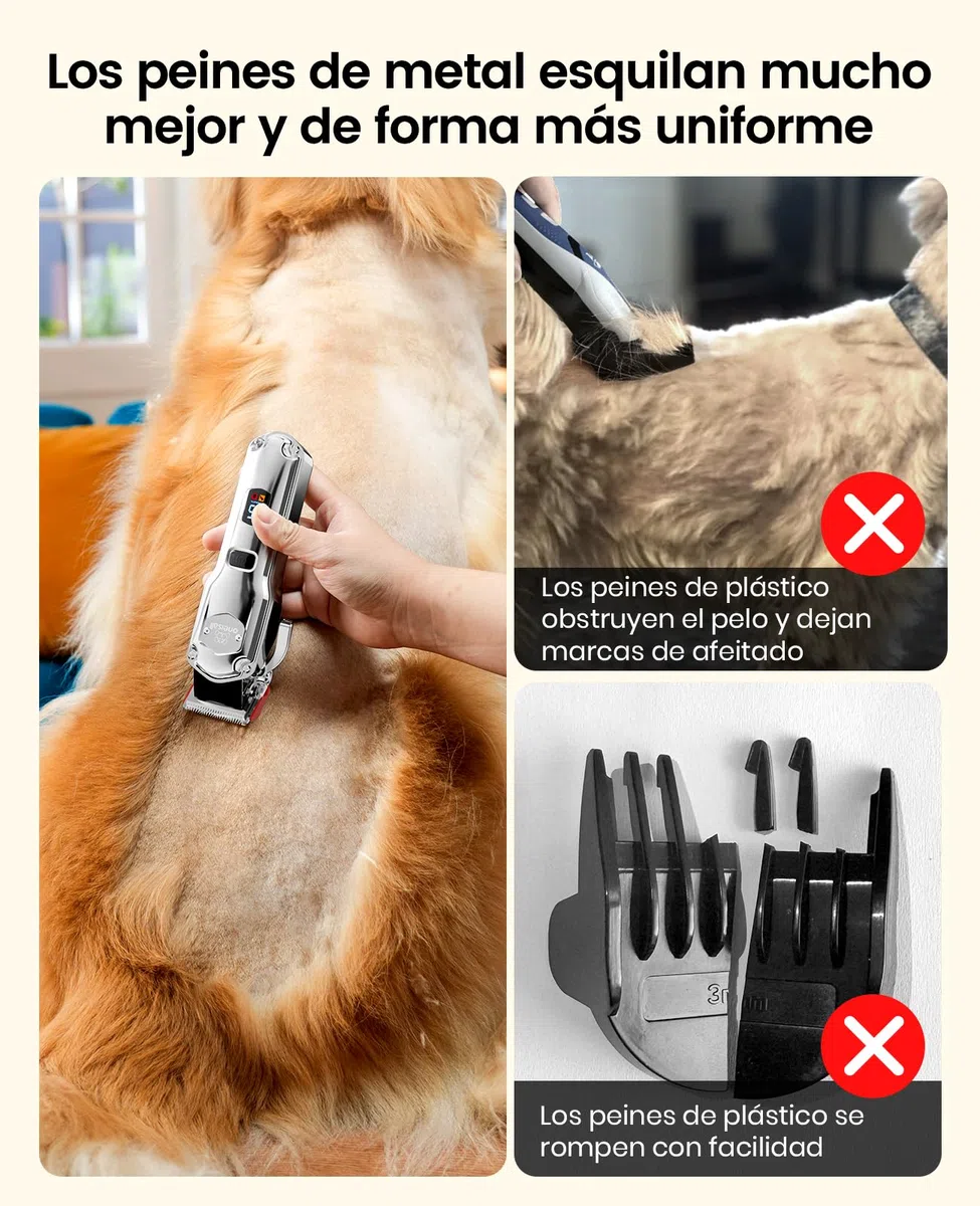 oneisall Quiet Cortapelos para Perros con Peine Guía Metálico, Profesional Cortapelos Perros y Gatos sin Cable, Alto Rendimiento Maquina pelar Perros pelo grueso, rizado, fino, largo y ondulado