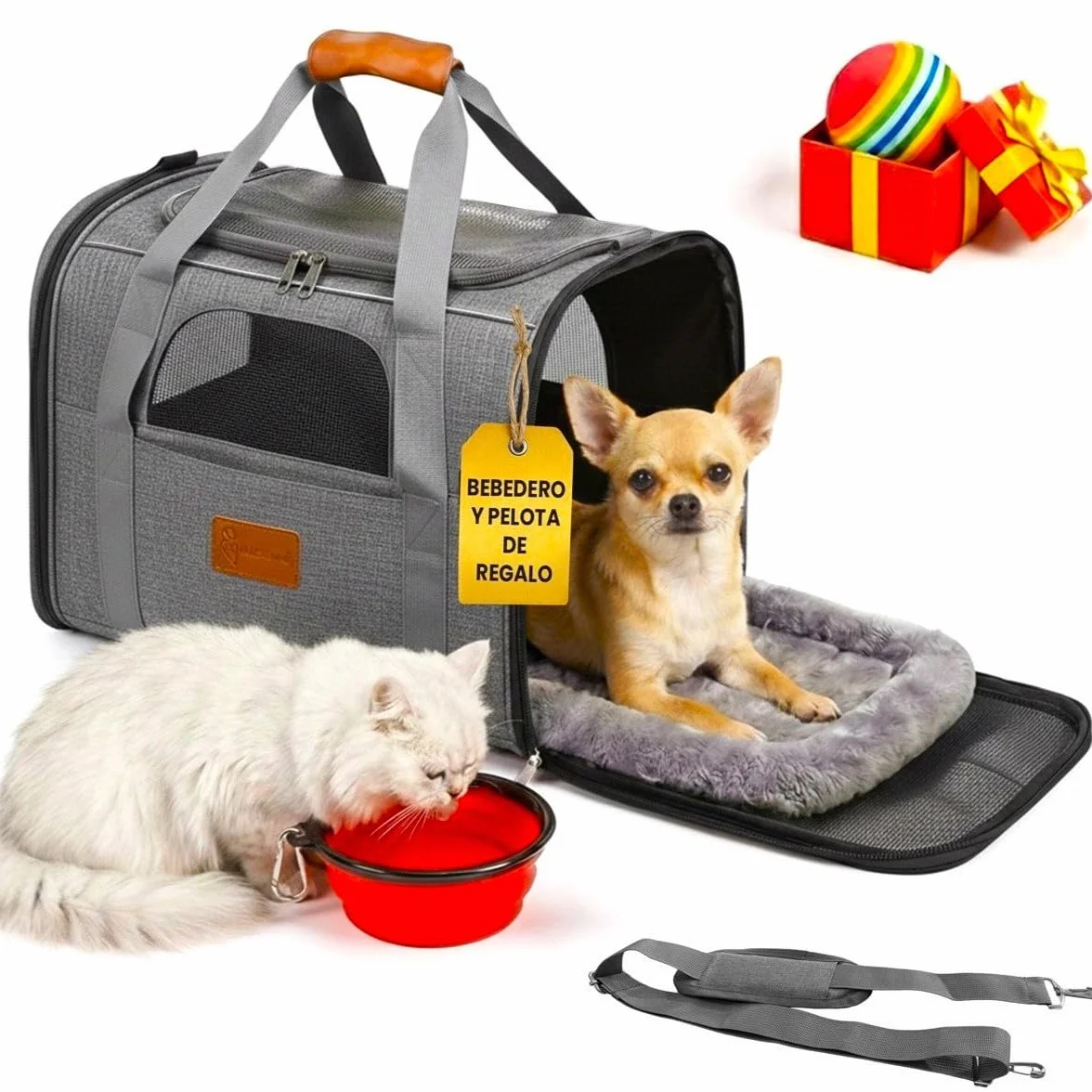 Transportin Perro Gato Plegable y Reforzado con Cama, Bebedero y Juguete de Regalo | Transporte de Gato Viaje Cómodo y Seguro | Bolsa de Transporte Portátil con Ventilación 360º