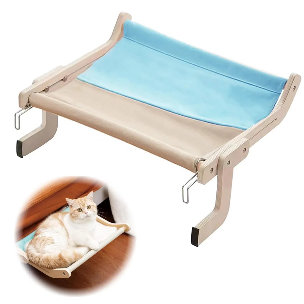 Hamaca Ajustable para Gatos en Ventana, Con Rama de Escalada y Cama Colgante, Gris y Azul (44,5 x 36 x 16 cm)