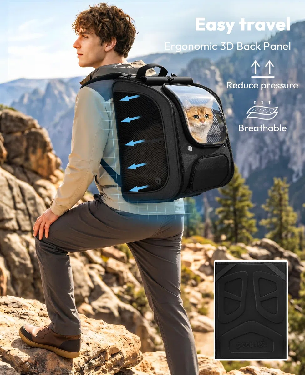 Pecute Mochila Transportadora para Gatos con Burbuja - Espacio Amplio y Estable, Visera Transpirable, Ideal para Viajes, Senderismo, Escalada, visitas al Veterinario con Mascotas, Negro