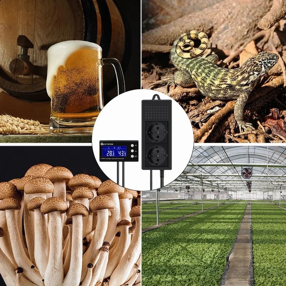 KETOTEK Enchufe con Higrostato Termostato con Sonda, Dia/Noche Controlador de Humedad y Temperatura Regulador Digital 220V con Temporizador para Terrario Reptil Invernadero Incubadora