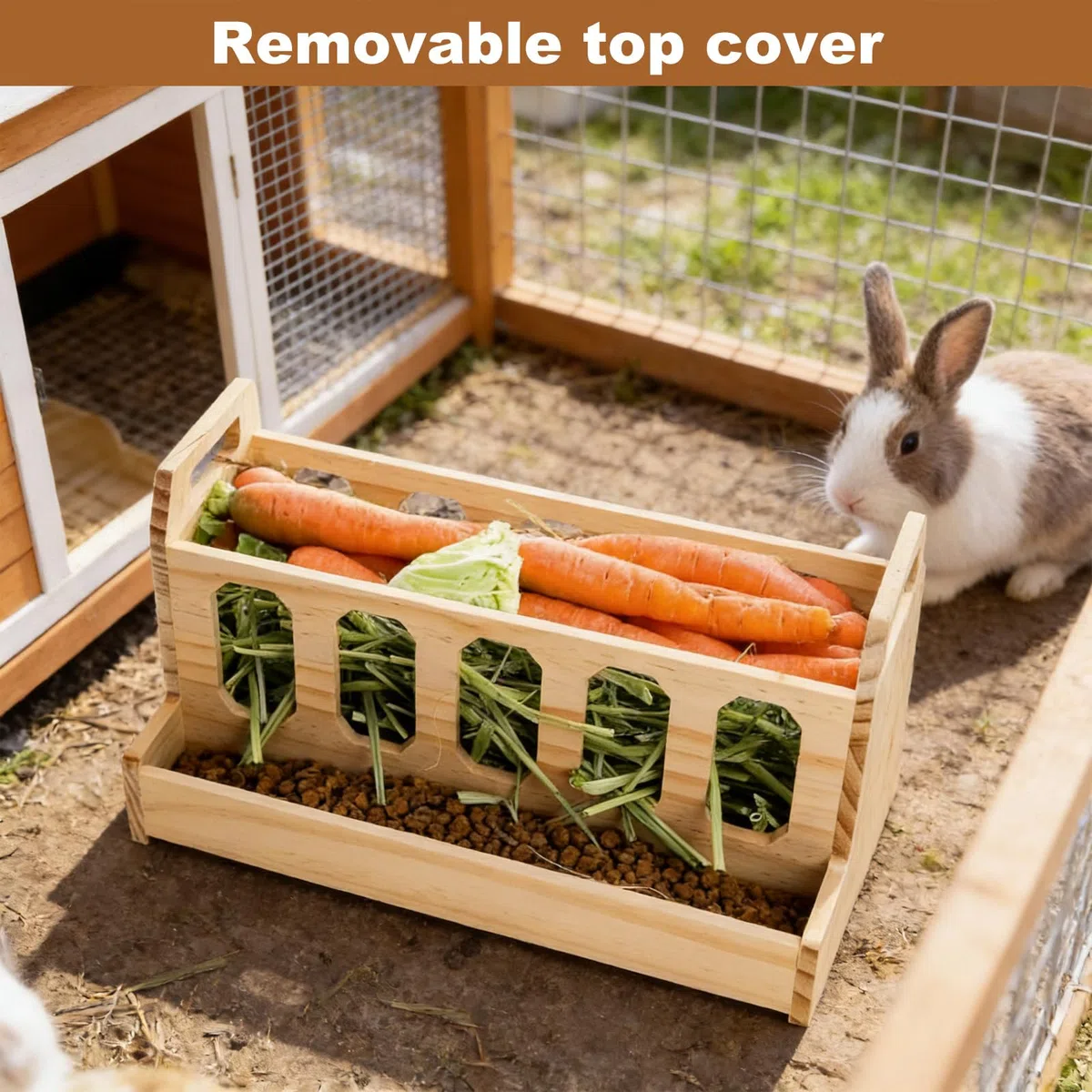 Comedero de madera para heno con soporte para zanahorias (30 x 20 x 18 cm) – Autorellenable para conejillos de indias, conejos, hámsteres, ratones, ratas