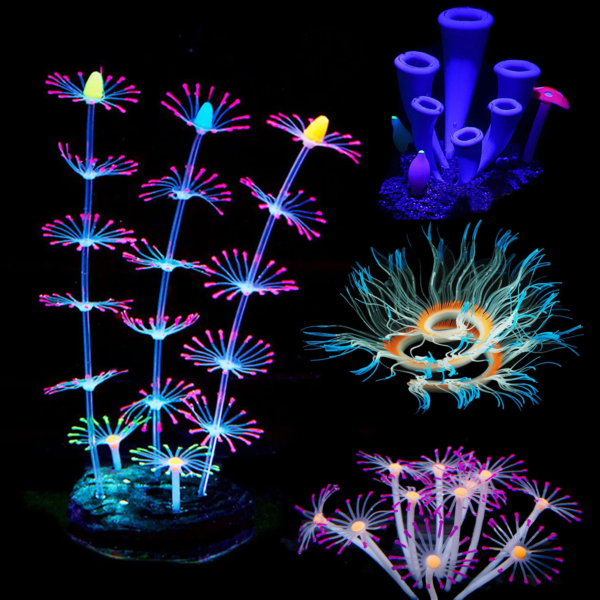 Cayway 4 piezas de decoración de peceras de silicona para acuario, plantas con coral de silicona de imitación, corales de cuerno artificial, anémona de mar artificial para pecera, paisaje de acuario