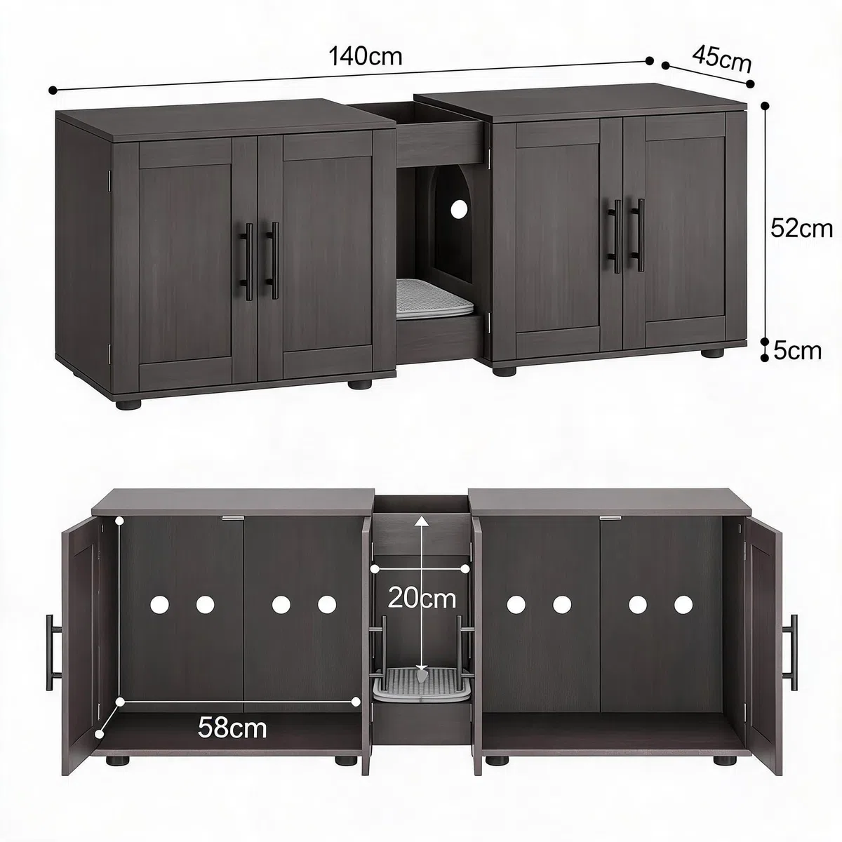 GarveeLife Mueble Arenero para Gatos – Gabinete Oculto con Doble Compartimento para 2 Cajas, Diseño 3 en 1 Mesita Lateral, Madera Impermeable, Negro 140x45x52 cm