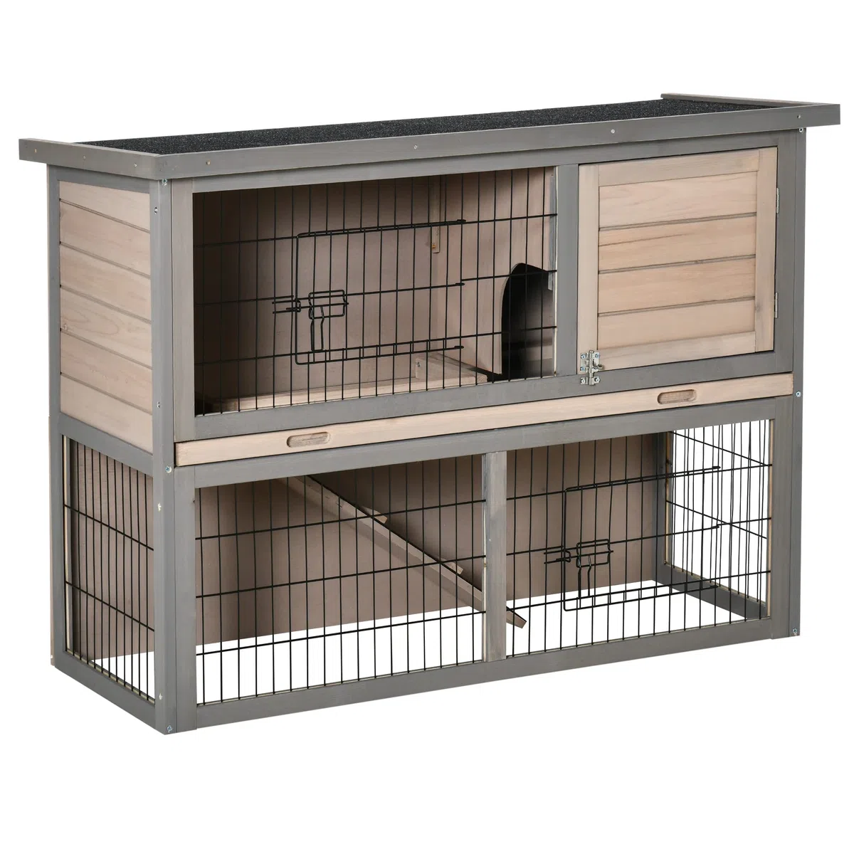 PawHut Conejera de Madera Exterior 108x45x78 cm Jaula para 2 Conejos con Corral Metálico 2 Puertas con Pestillos Techo Asfáltico Abrible Bandeja Extraíble Rampa Gris