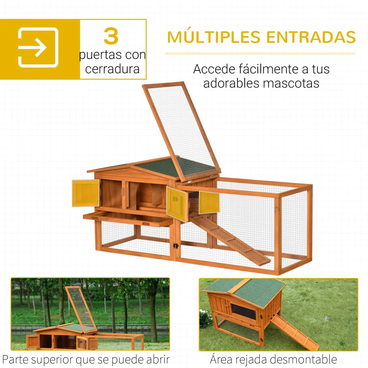PawHut Conejera de Madera Exterior Jaula para Conejos de 2 Niveles 156x58x68 cm con Techo Asfáltico 2 Corrales de Metal Bandeja Extraíble 2 Puertas Ventana y Rampa Natural