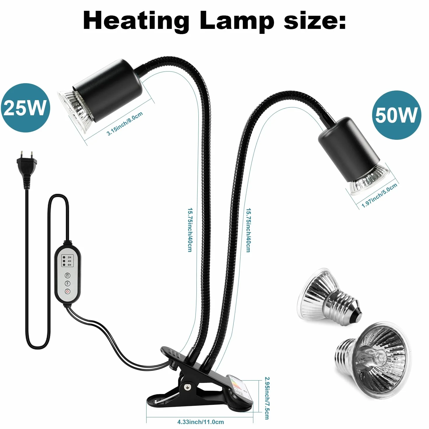 Lámpara para Tortuga de Dos Cabezas, 25W+50W Lámpara de Calor de Reptil E27, UVA+UVB Tortugas de Agua con 2 Bombillas para Lagarto, Tortuga, Serpiente, Camaleón, etc.(Negro)