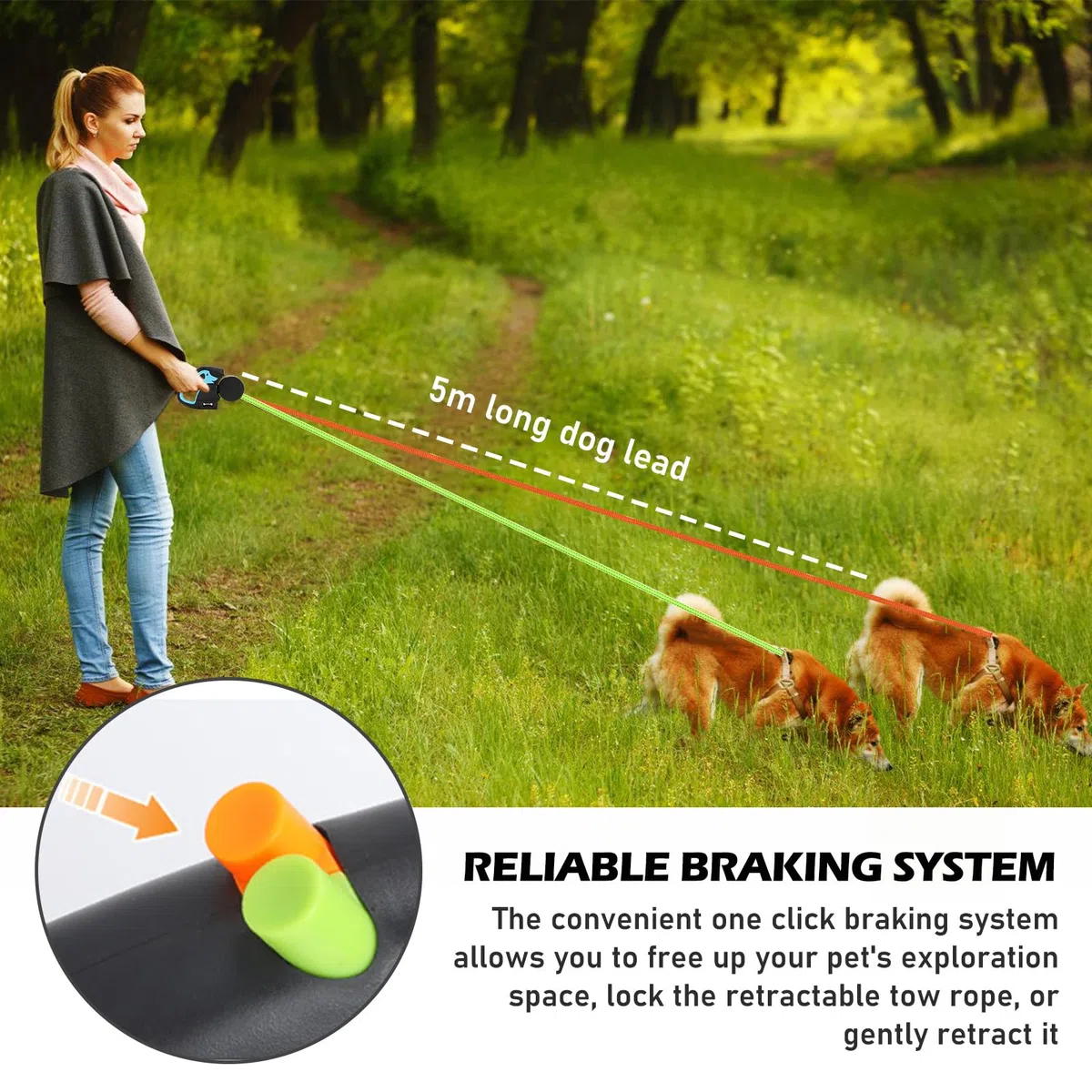 Doble correa retráctil para perros, correa enrollable con luz LED, doble correa extensible para perros de 3 m, flexible, mango antideslizante, botón de freno rápido para perros pequeños y medianos
